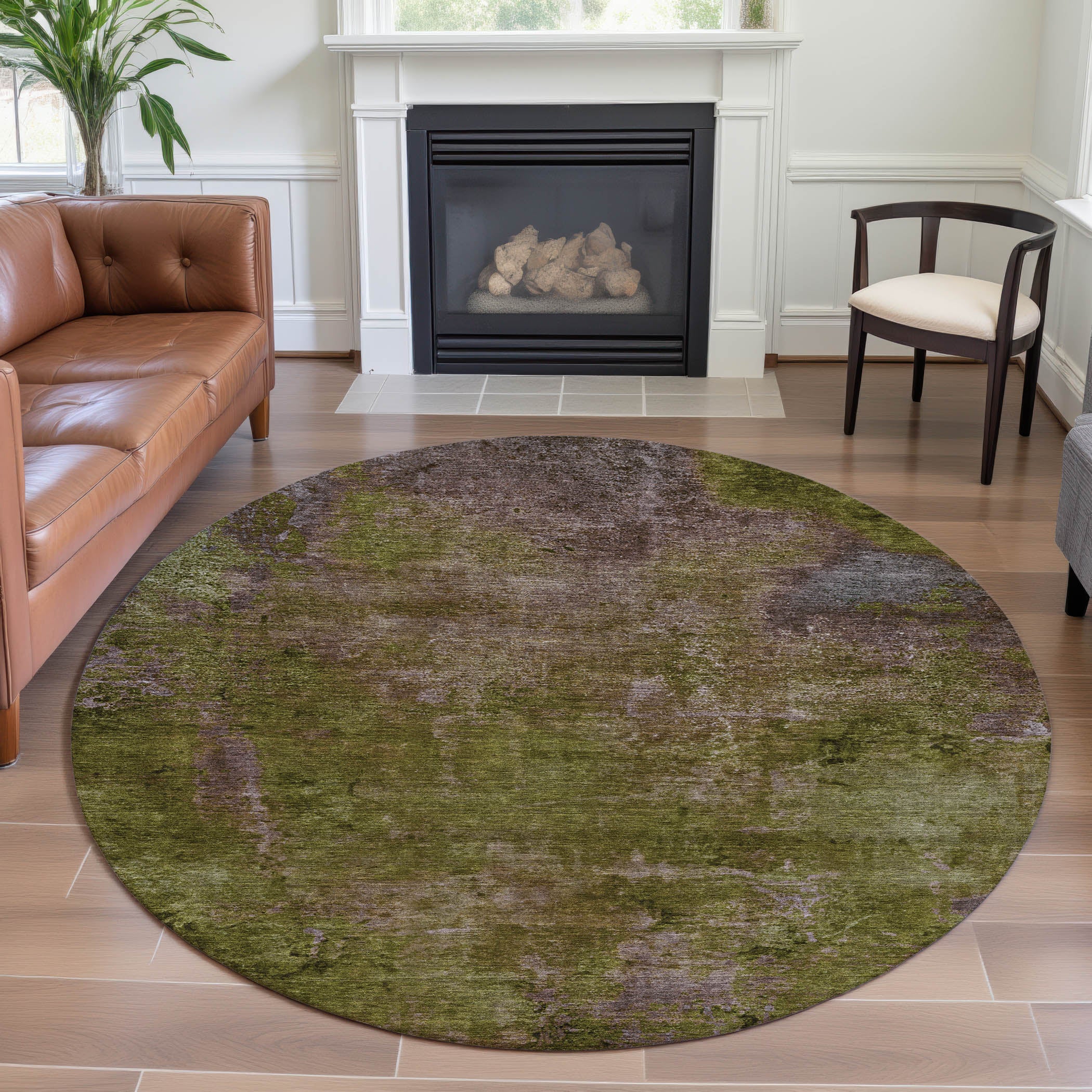 Queenstown Machine Washable Transitional Green Rug 8' x 8' #shape_Round