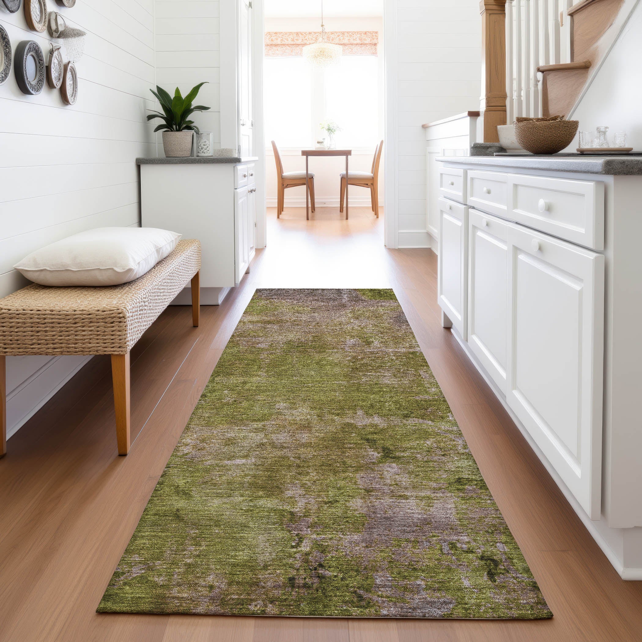 Queenstown Machine Washable Transitional Green Rug 2'3" x 7'6" #shape_Runner
