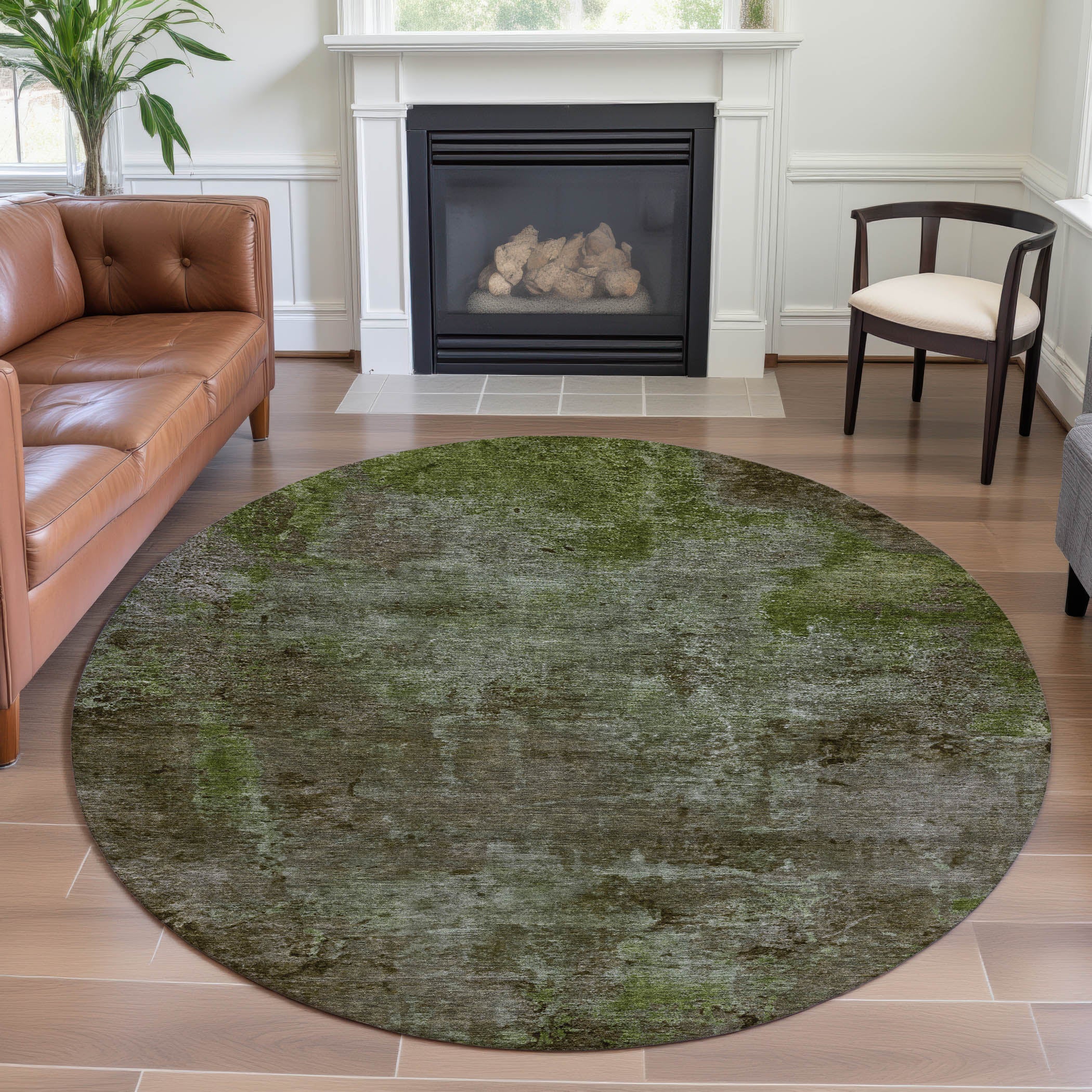 Queenstown Machine Washable Transitional Mocha Brown Rug 8' x 8' #shape_Round