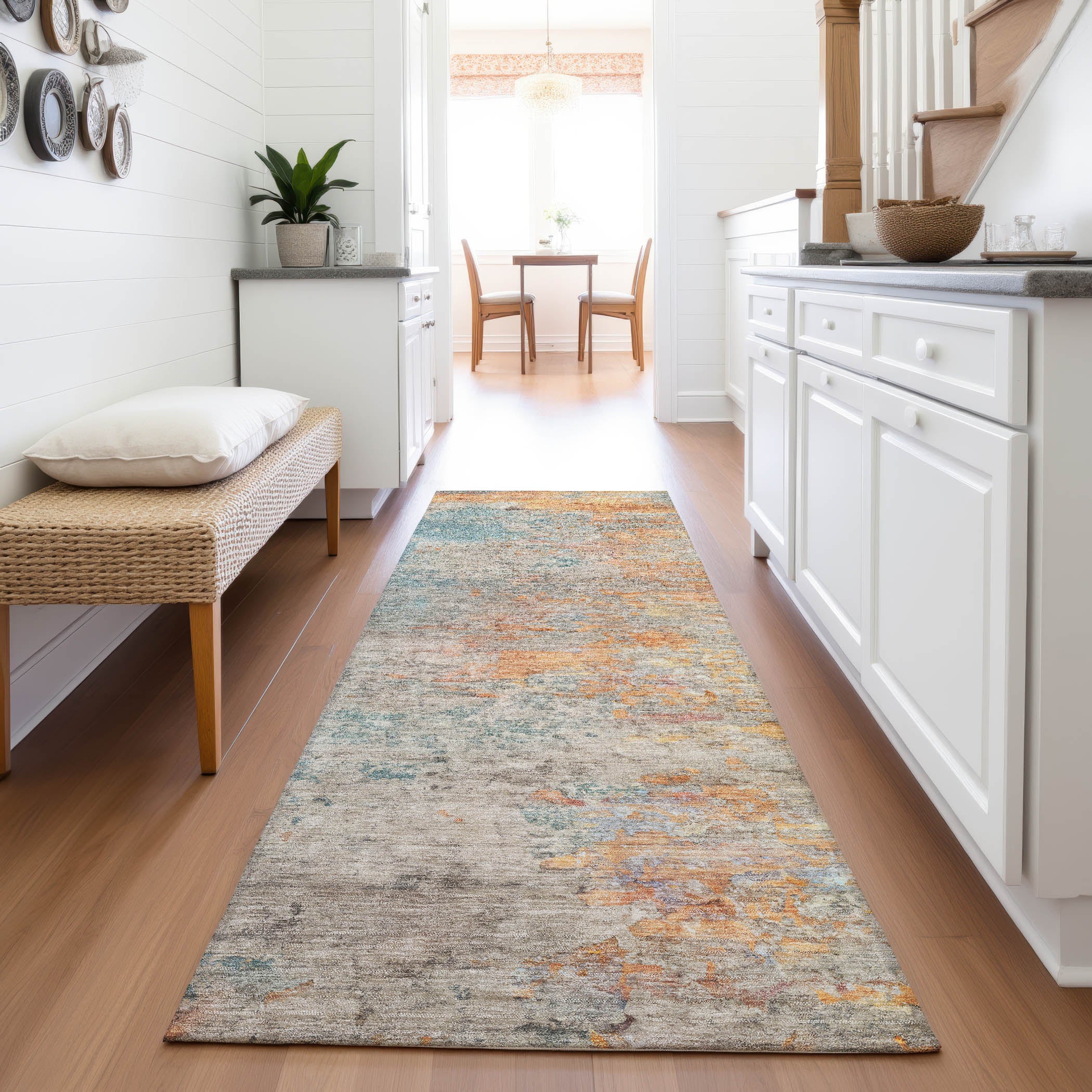 Montevideo Machine Washable Transitional Teal Rug 2'3" x 7'6" #shape_Runner