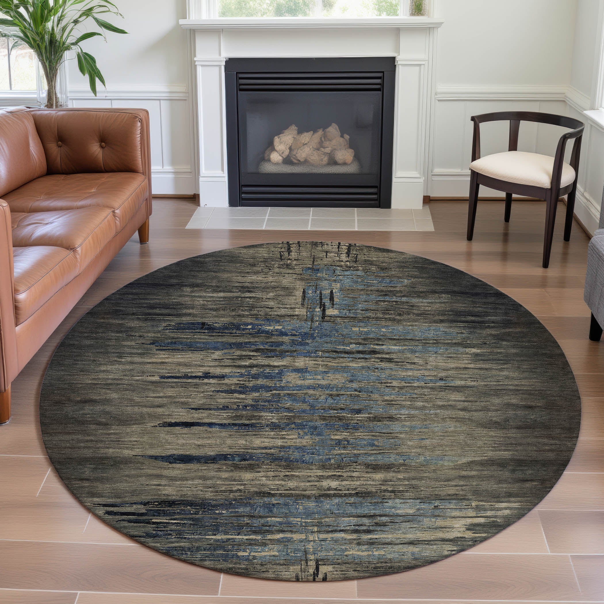 Queenstown Machine Washable Transitional Coffee Brown Rug 8' x 8' #shape_Round