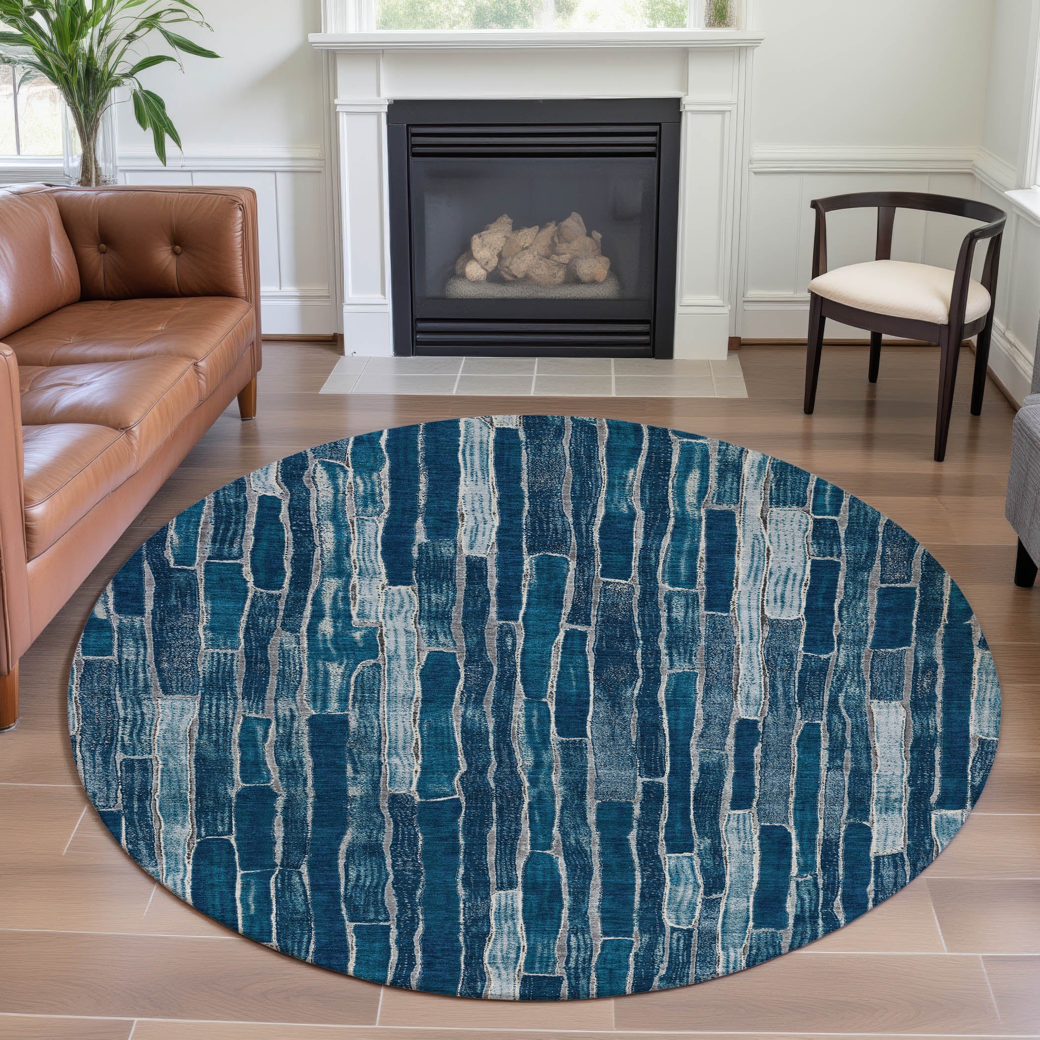 Cusco Machine Washable Transitional Blue Rug 8' x 8' #shape_Round