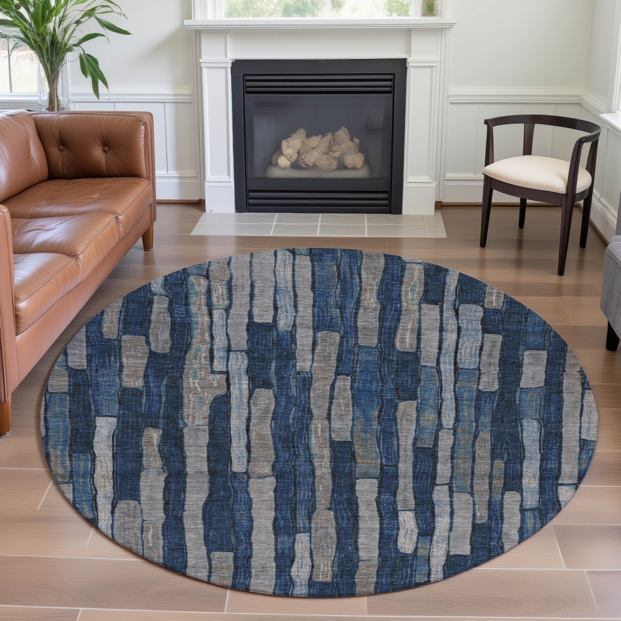 Cusco Machine Washable Transitional Navy Blue Rug 8' x 8' #shape_Round