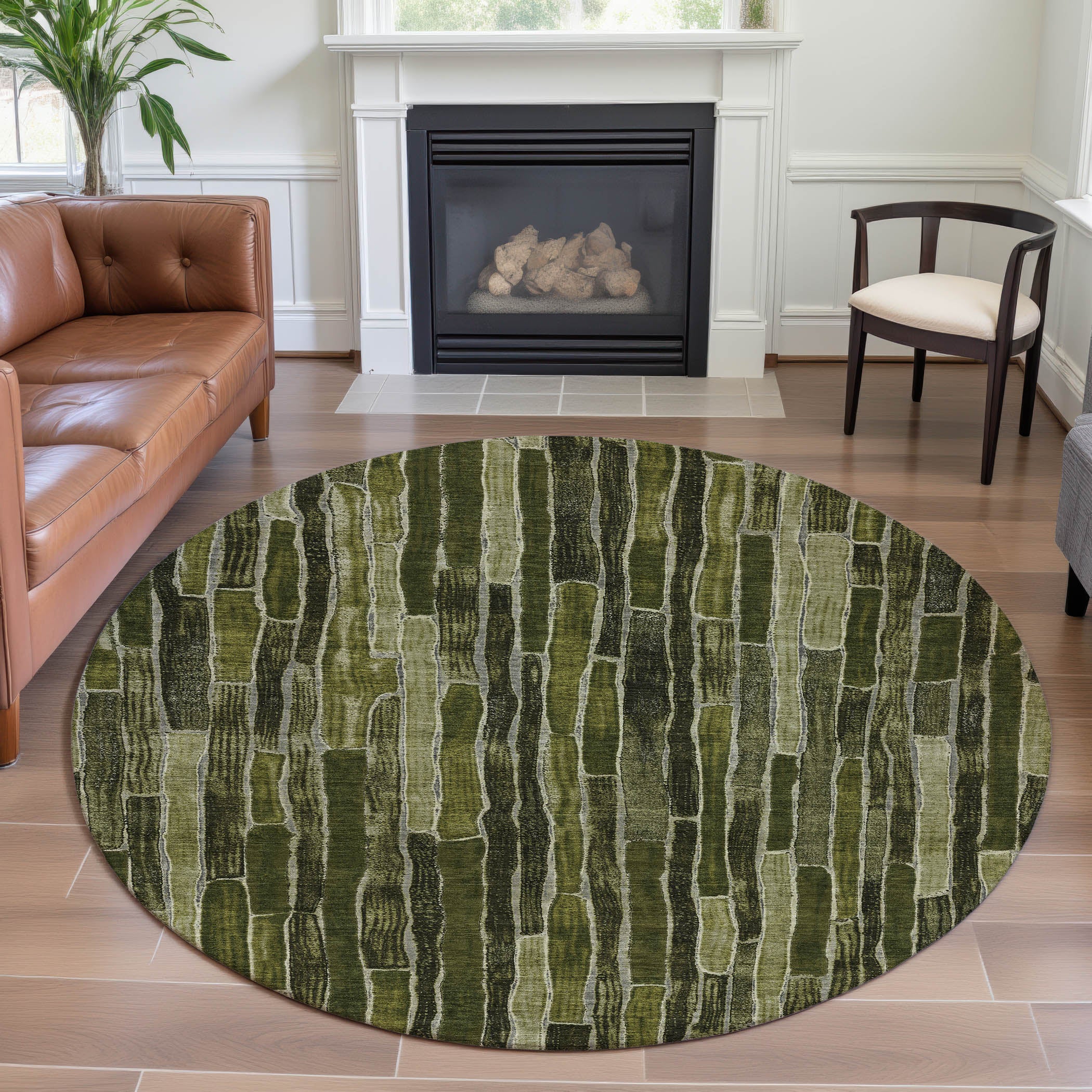 Cusco Machine Washable Transitional Olive Green Rug 8' x 8' #shape_Round