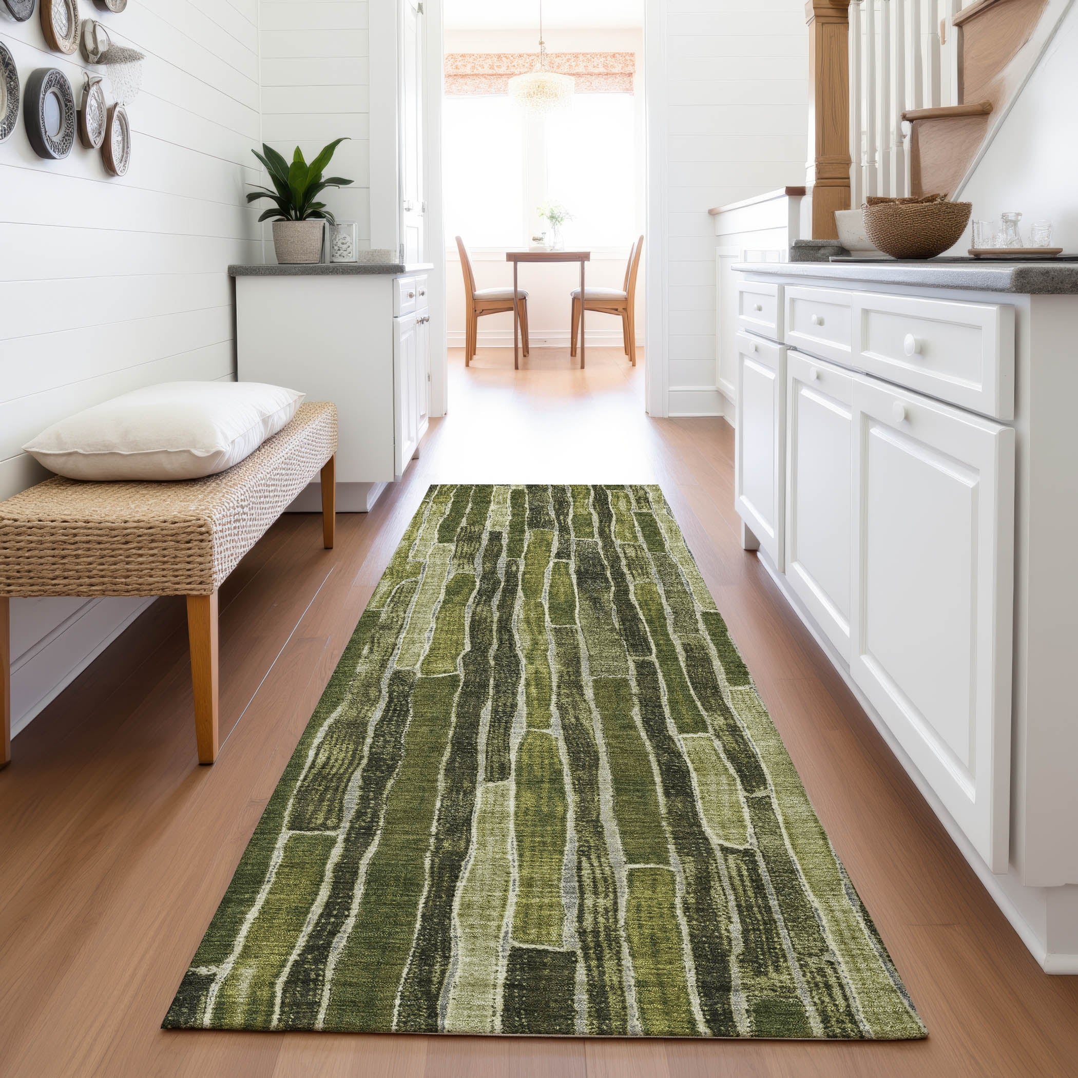 Cusco Machine Washable Transitional Olive Green Rug 2'3" x 7'6" #shape_Runner
