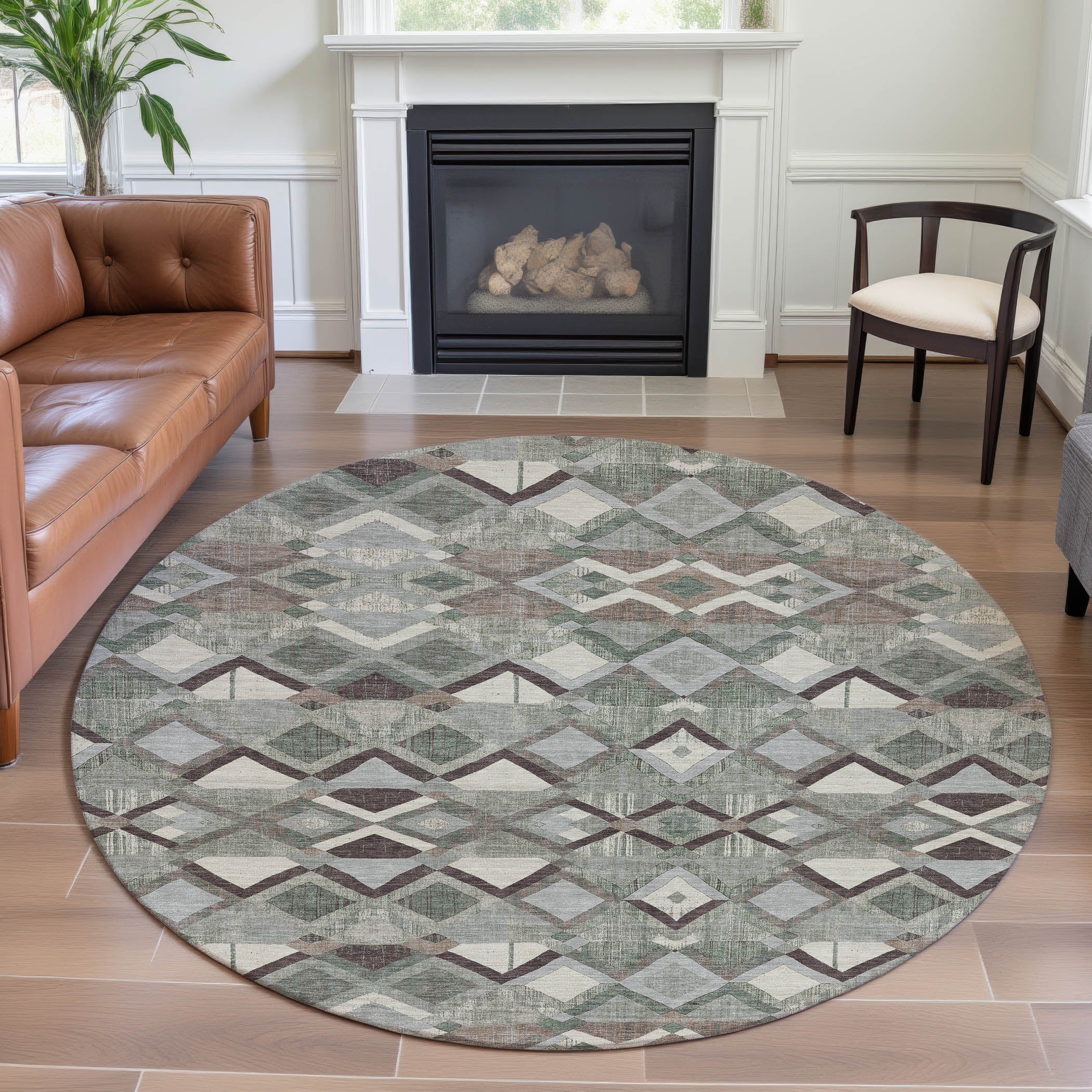 Nairobi Machine Washable Transitional Sage Green Rug 8' x 8' #shape_Round