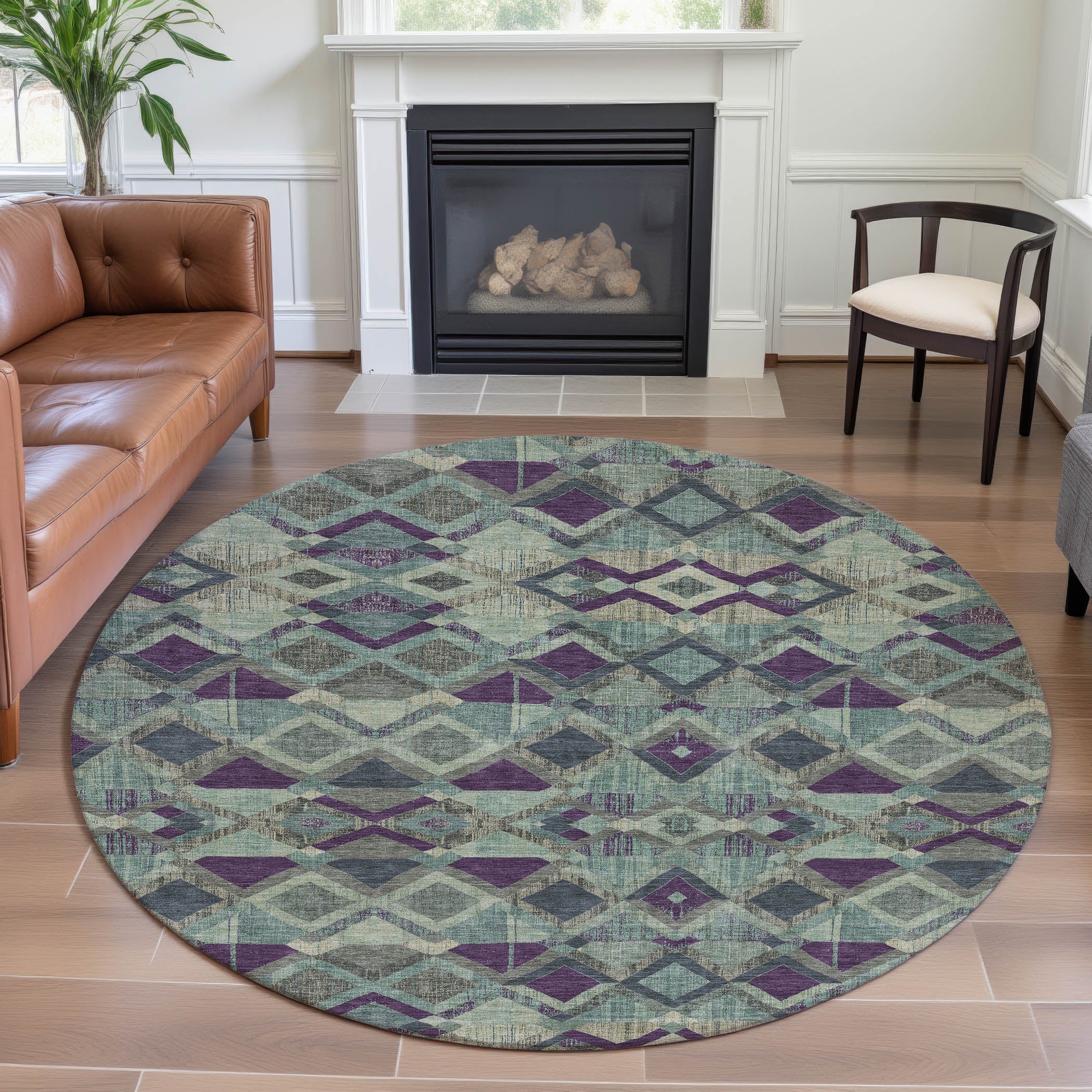 Nairobi Machine Washable Transitional Seafoam Blue Rug 8' x 8' #shape_Round