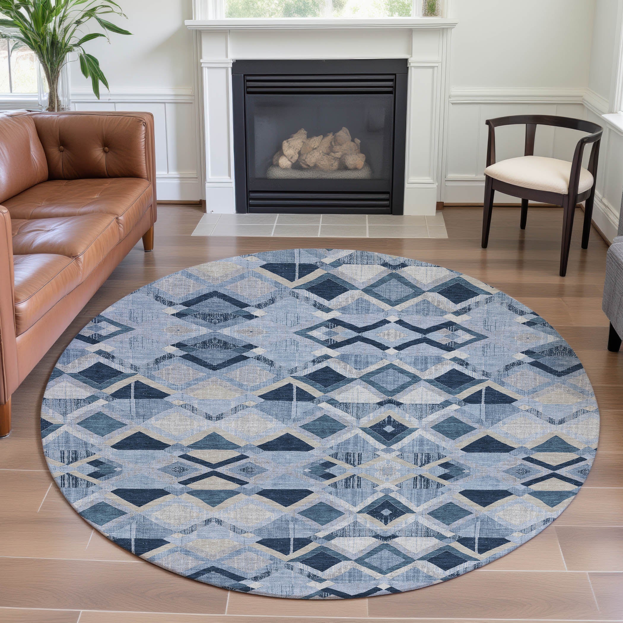 Nairobi Machine Washable Transitional Sky Blue Rug 8' x 8' #shape_Round