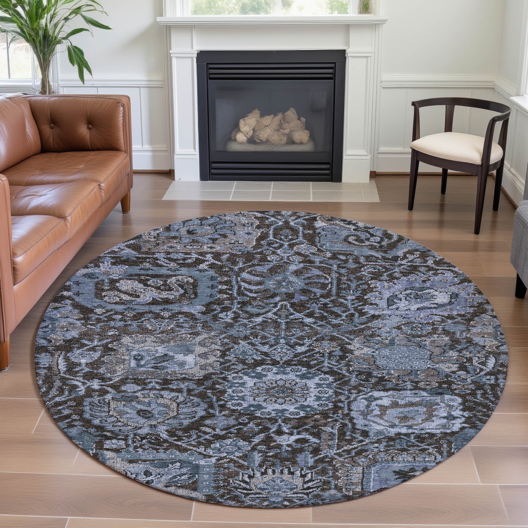 Reykjavik Machine Washable Transitional Denim Blue Rug 8' x 8' #shape_Round