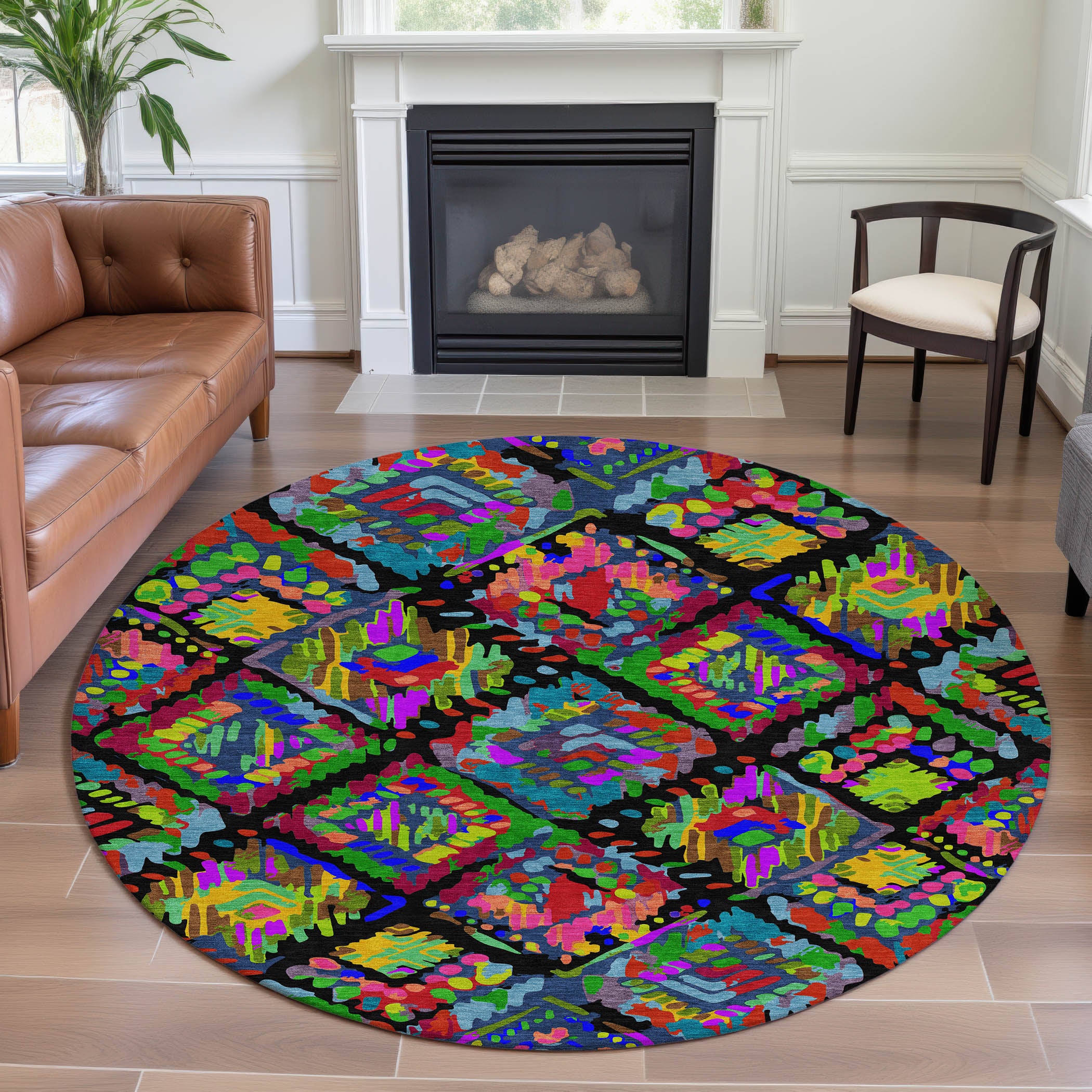 Florence Machine Washable Transitional Black Rug 8' x 8' #shape_Round