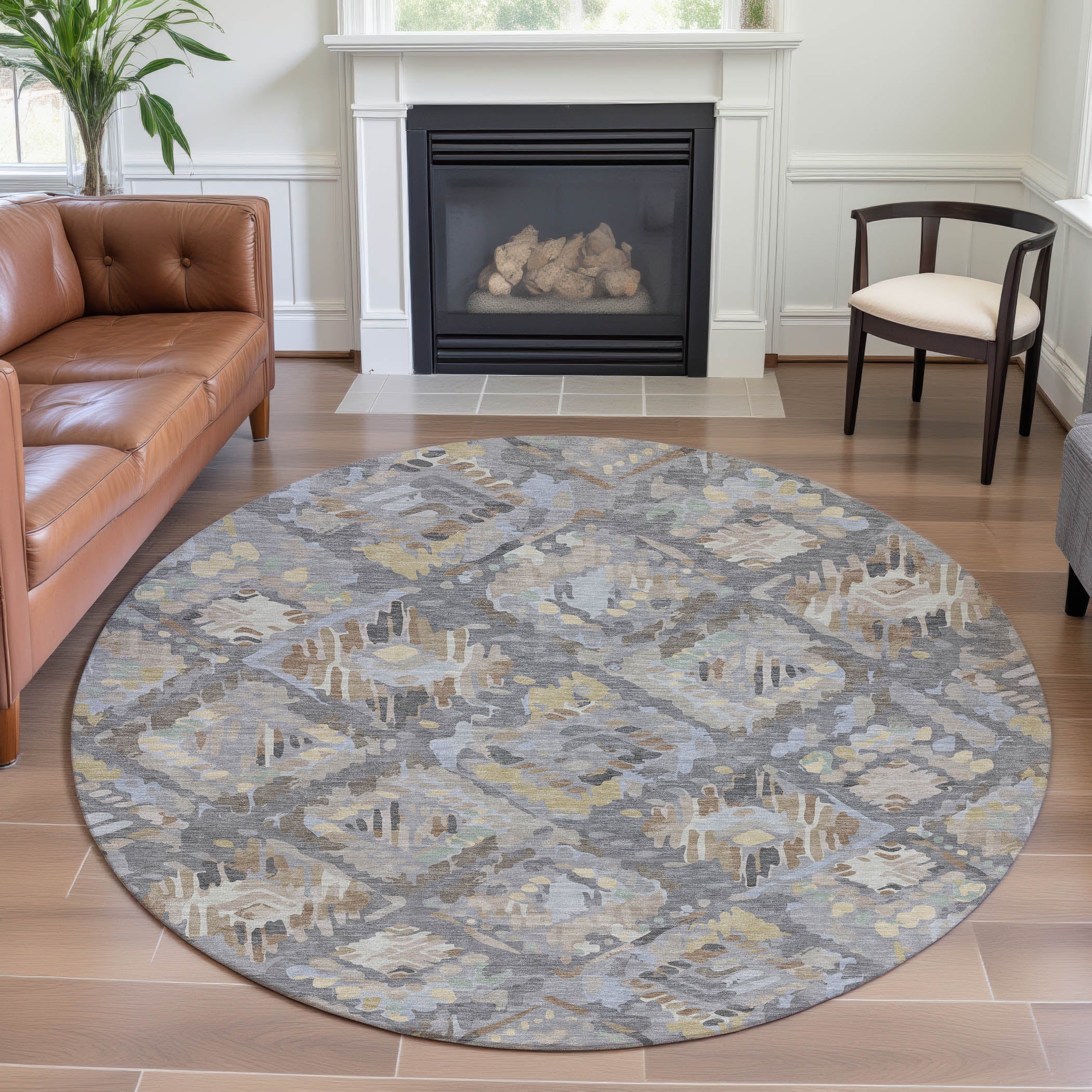 Florence Machine Washable Transitional Gray Rug 8' x 8' #shape_Round