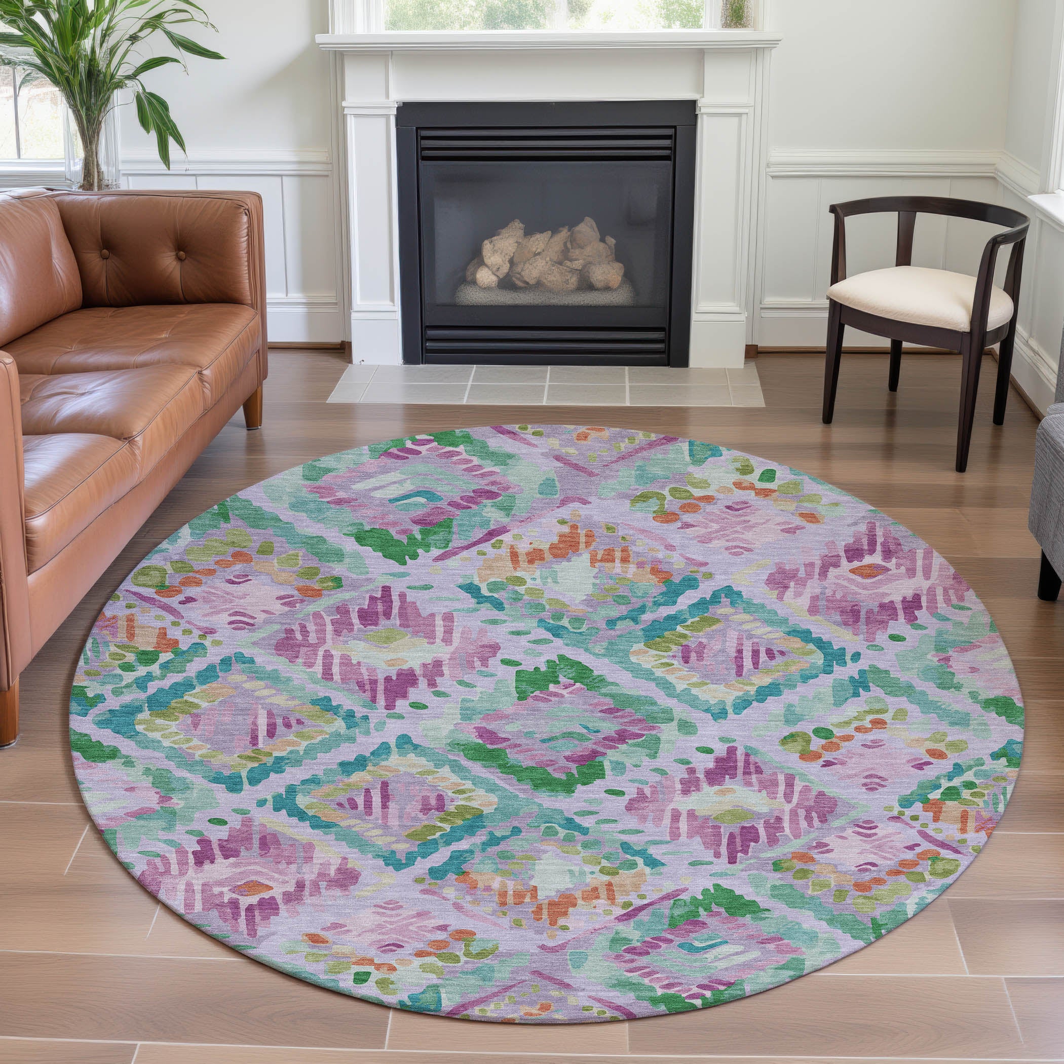 Florence Machine Washable Transitional Lavender Purple Rug 8' x 8' #shape_Round
