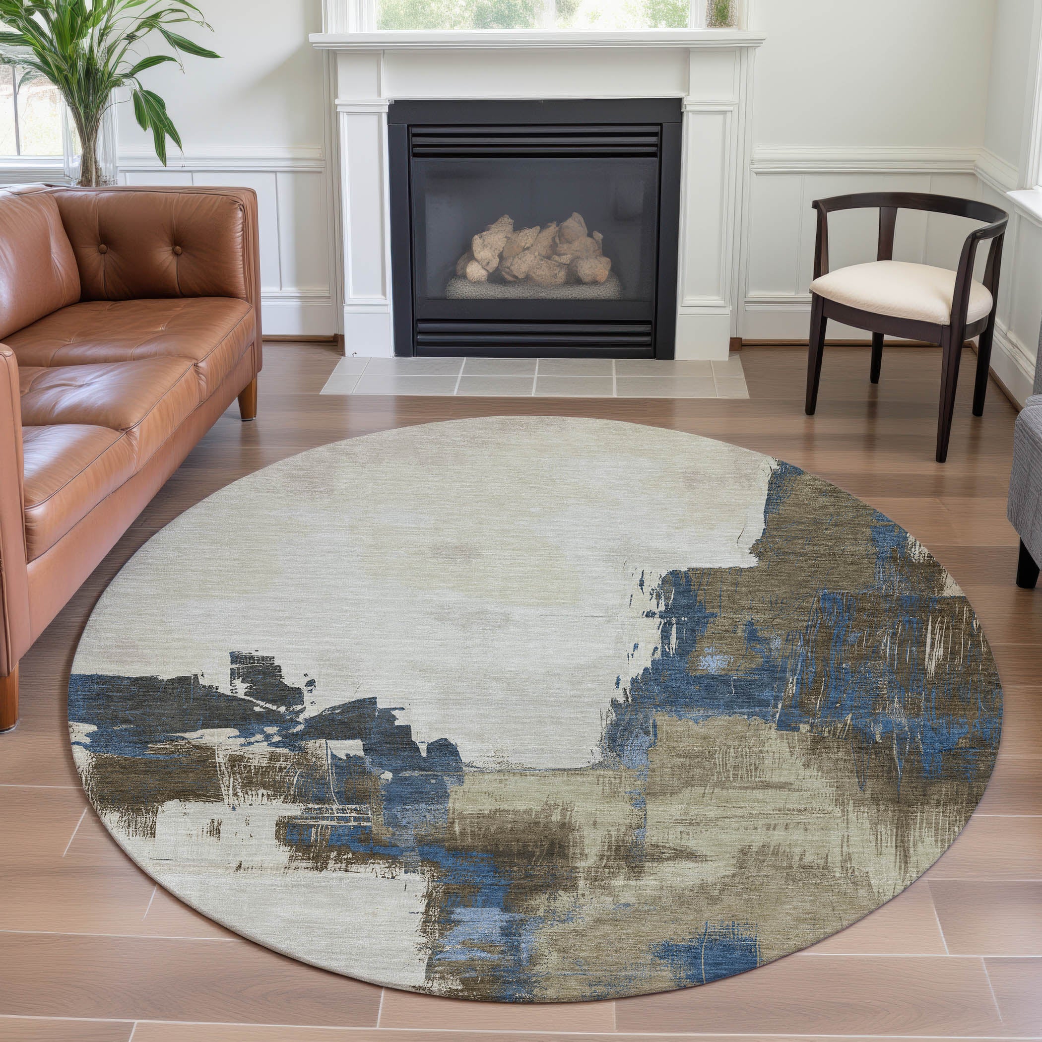 Lucerne Machine Washable Transitional Beige Brown Rug 8' x 8' #shape_Round