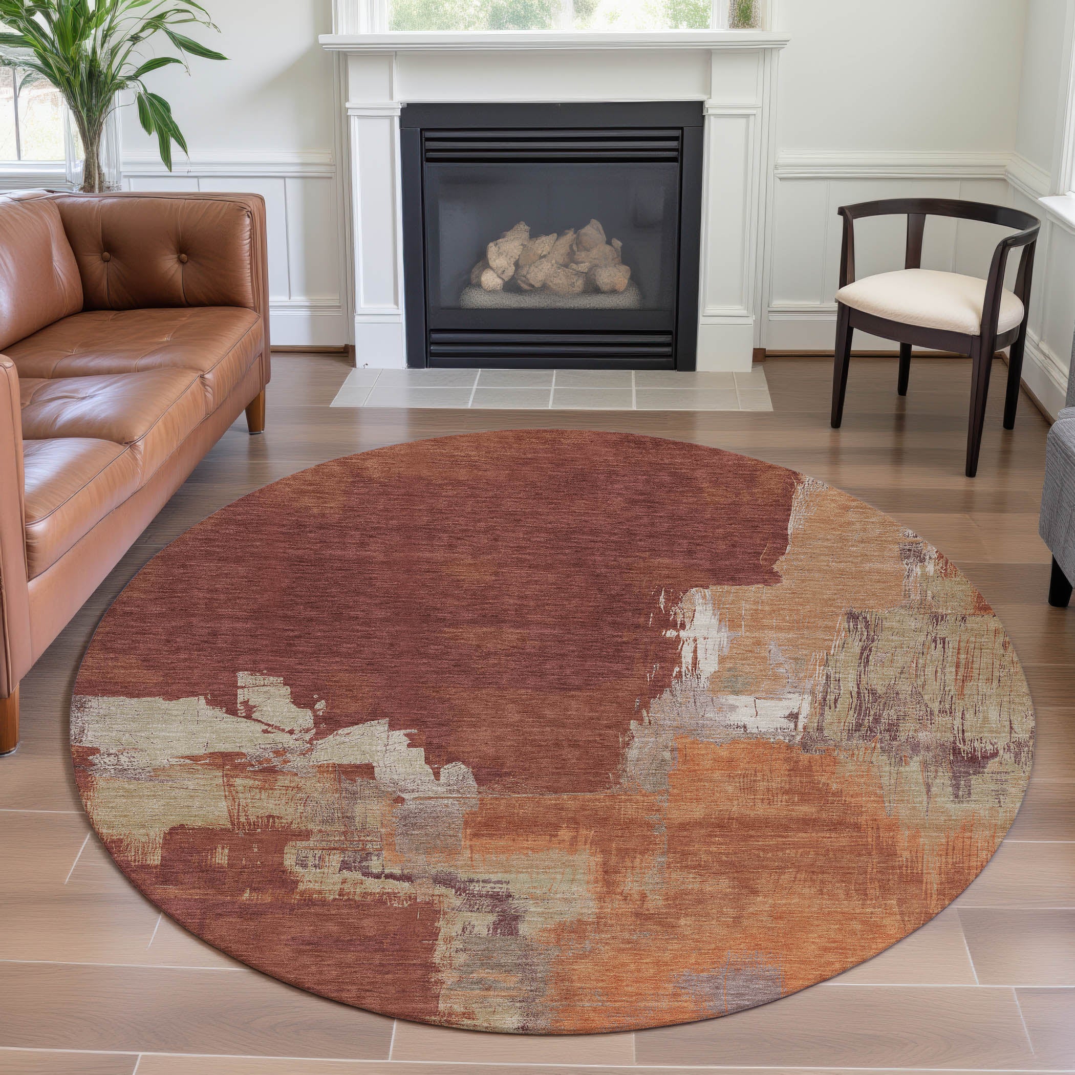 Lucerne Machine Washable Transitional Paprika Orange Rug 8' x 8' #shape_Round