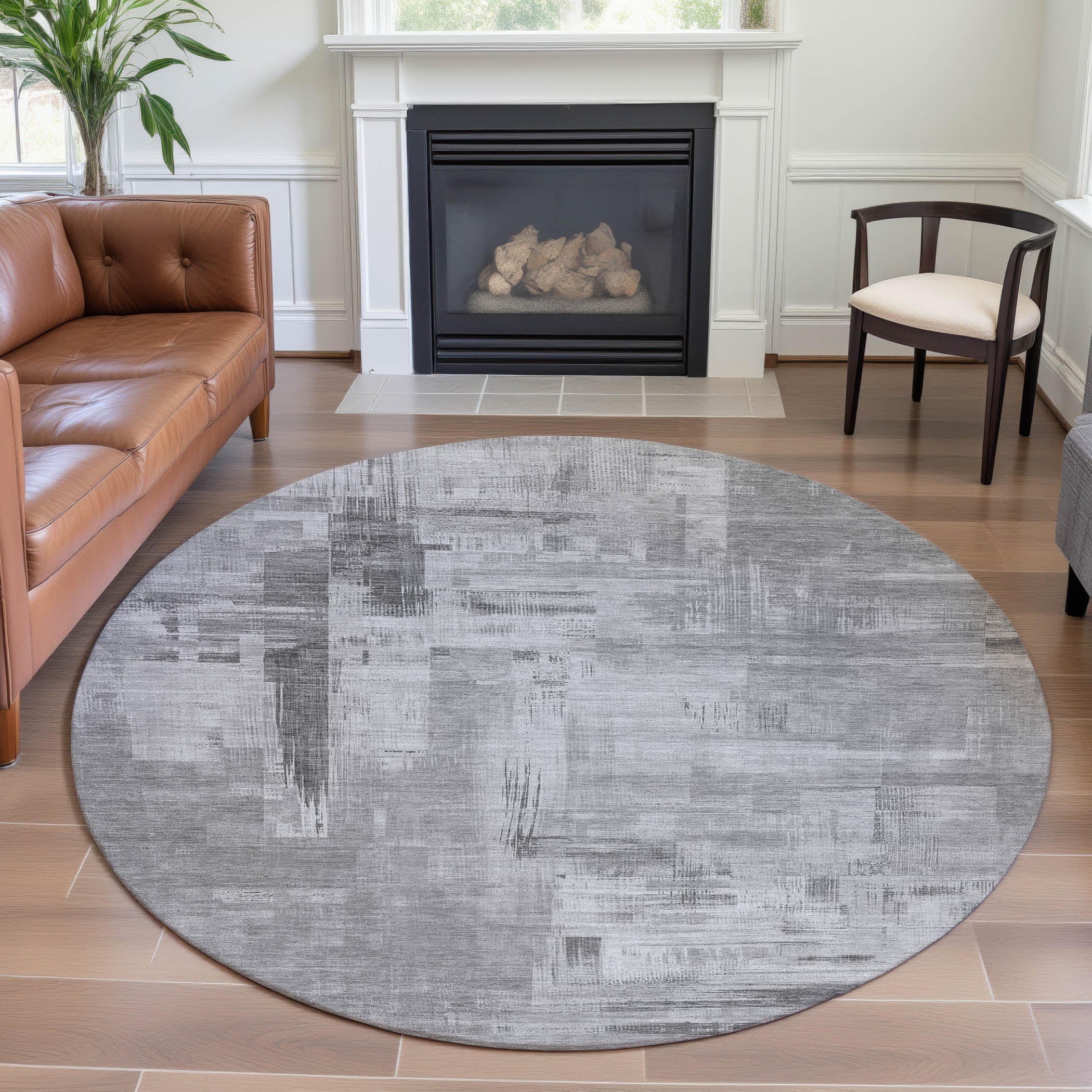 Vienna Machine Washable Transitional Gray Rug 8' x 8' #shape_Round