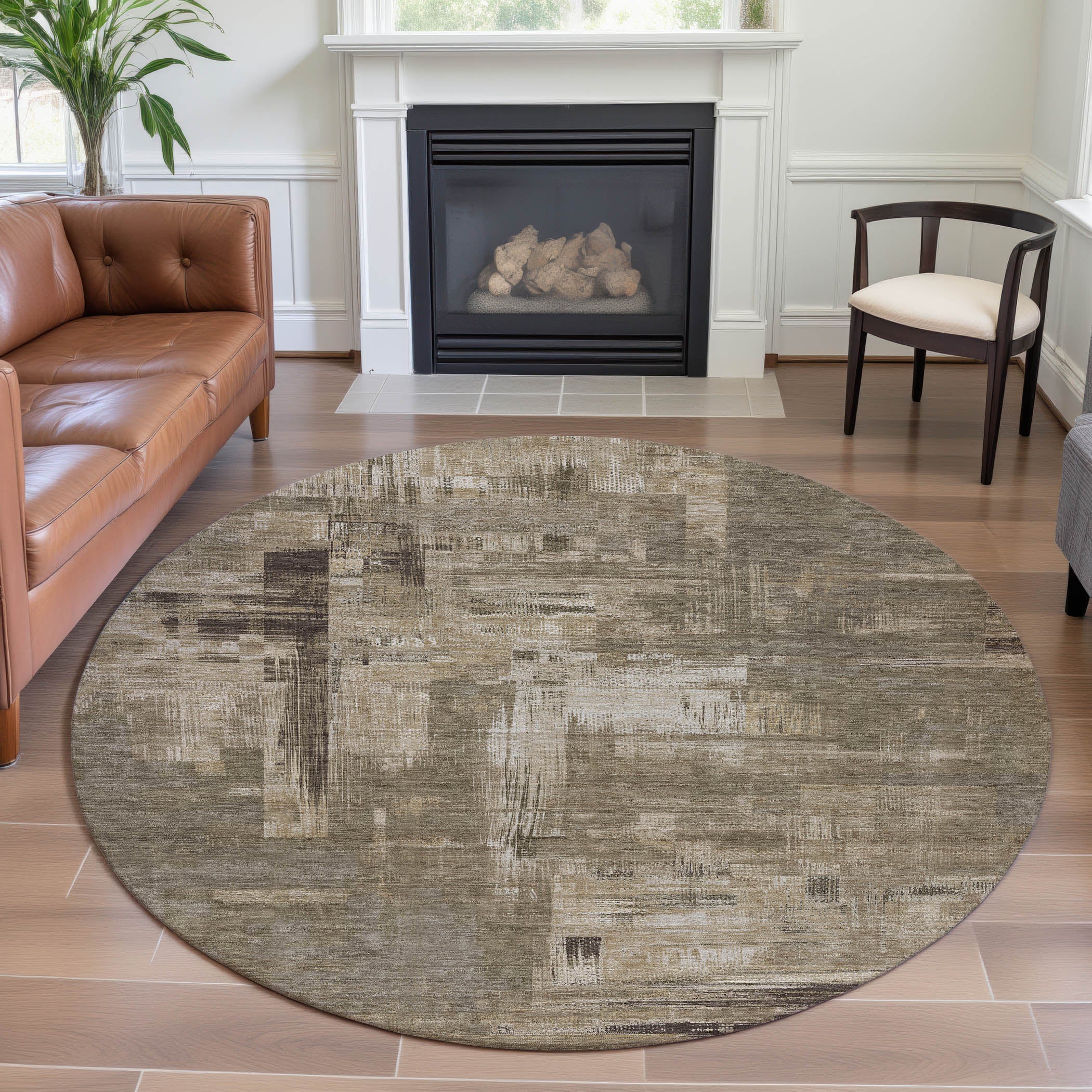 Vienna Machine Washable Transitional Mocha Brown Rug 8' x 8' #shape_Round