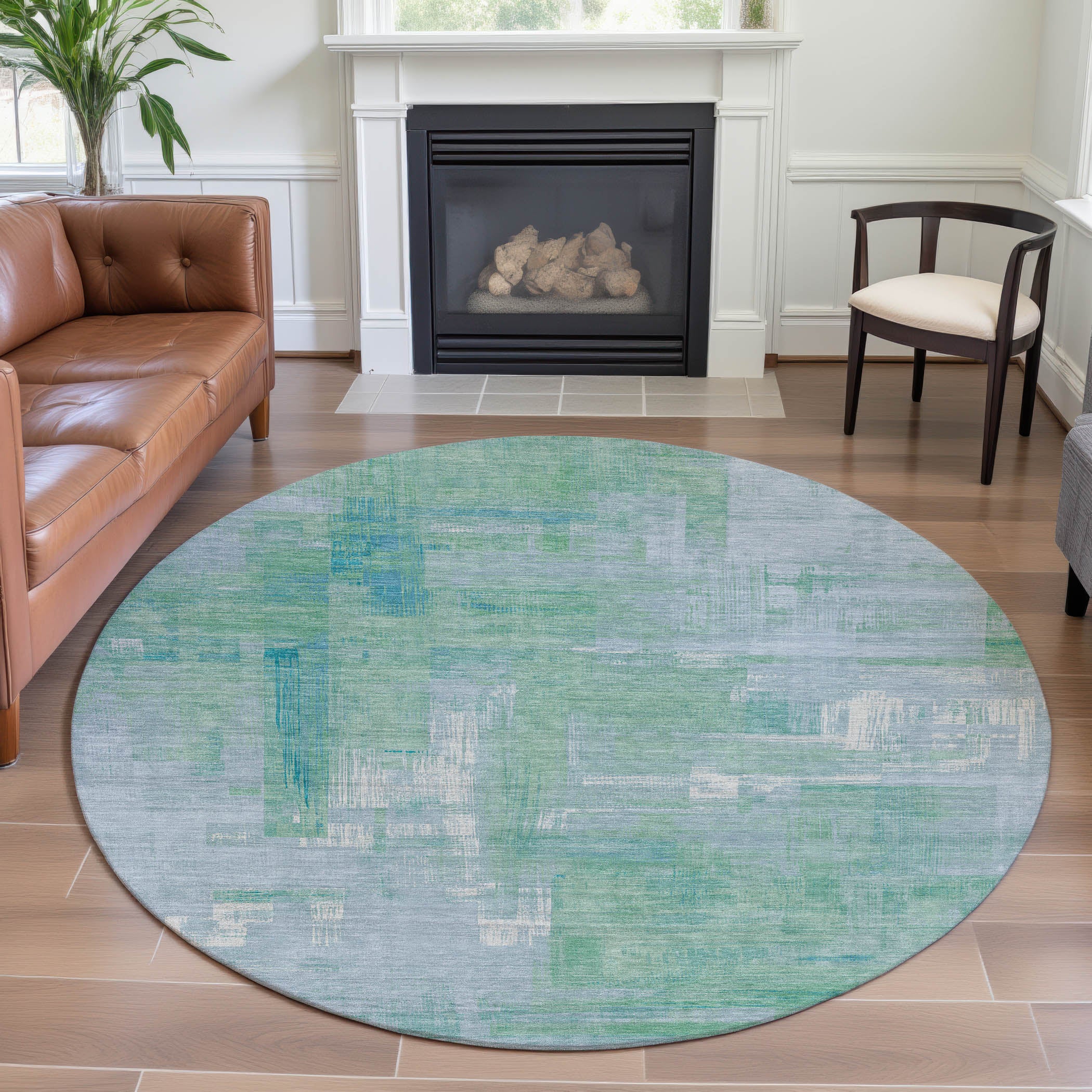 Vienna Machine Washable Transitional Sky Blue Rug 8' x 8' #shape_Round