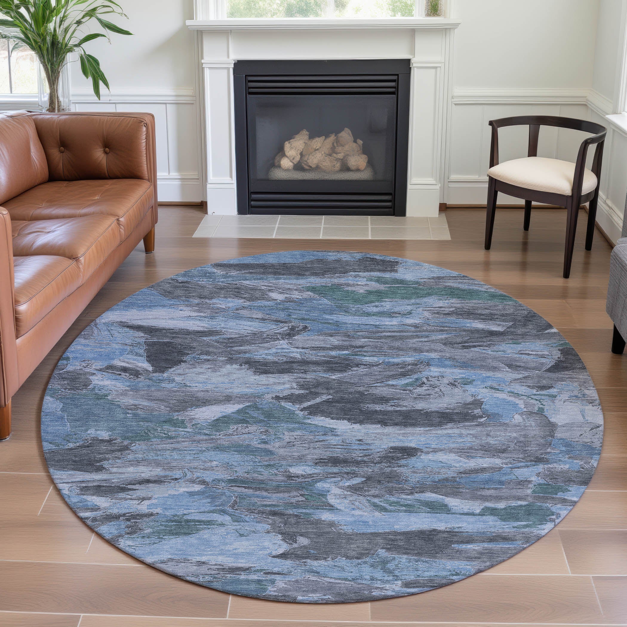 Cusco Machine Washable Transitional Denim Blue Rug 8' x 8' #shape_Round