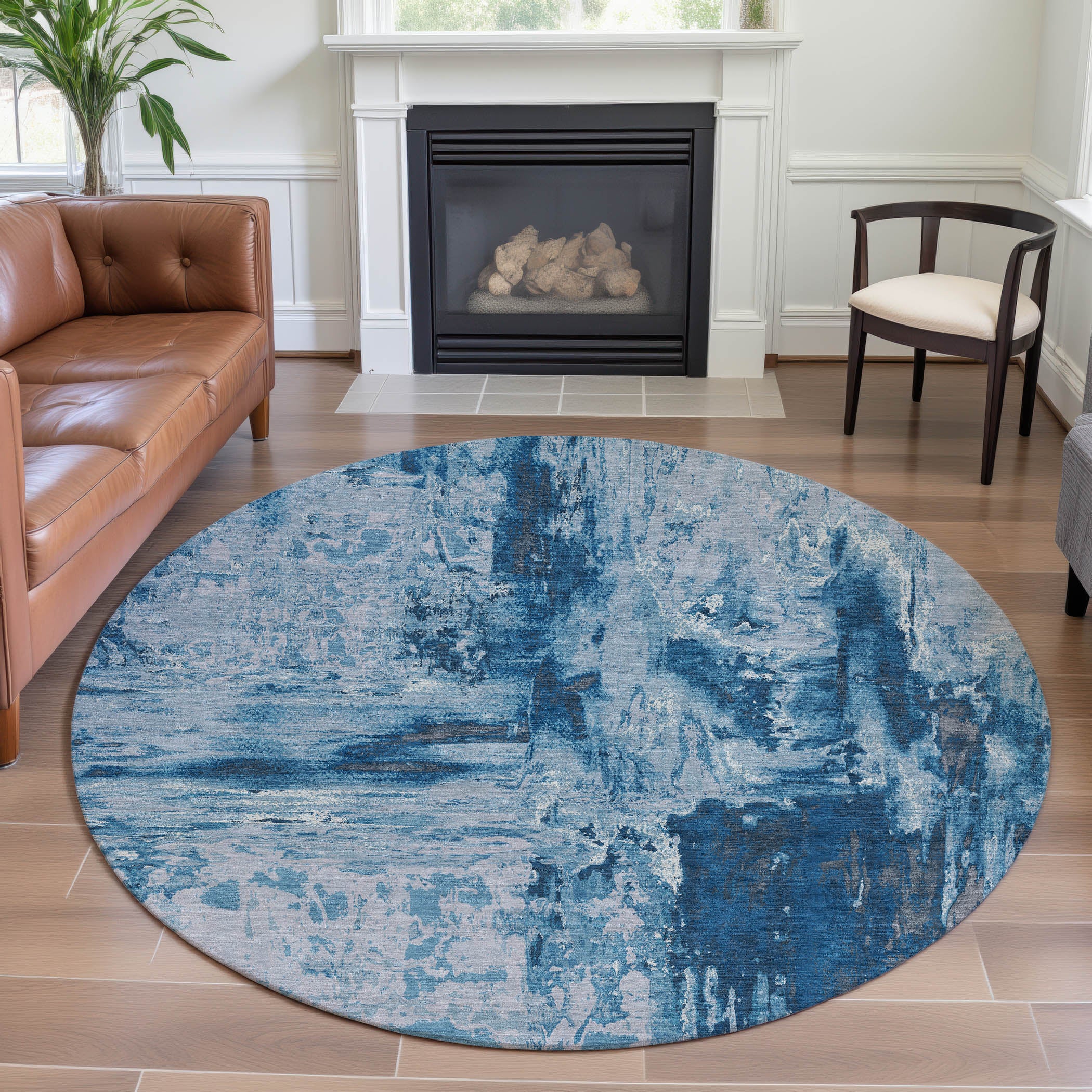 Zanzibar Machine Washable Transitional Denim Blue Rug 8' x 8' #shape_Round