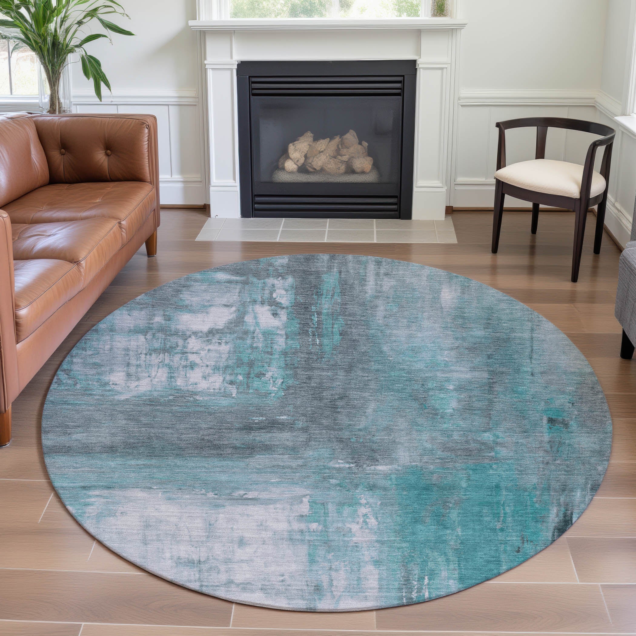 Zanzibar Machine Washable Transitional Teal Rug 8' x 8' #shape_Round