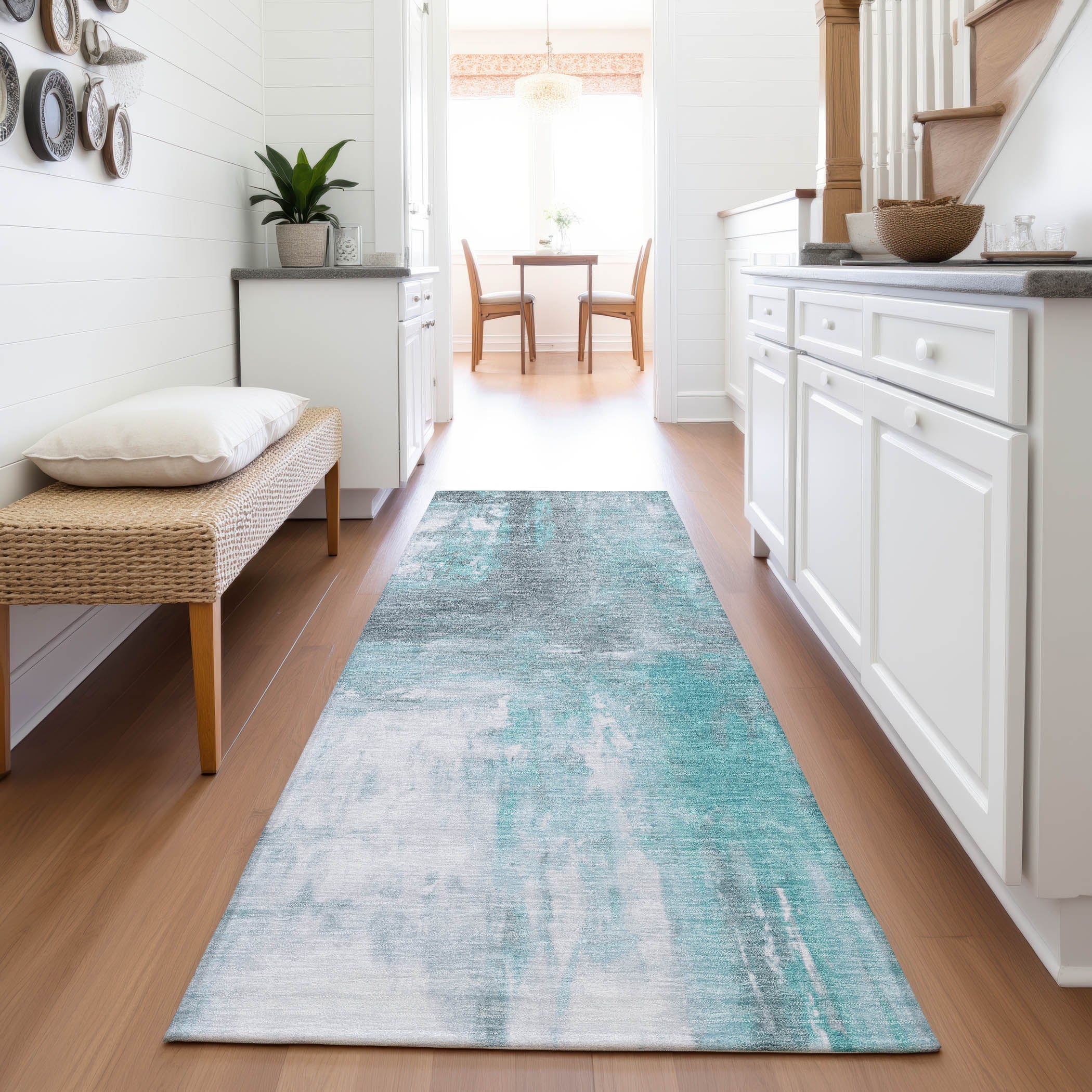Zanzibar Machine Washable Transitional Teal Rug 2'3" x 7'6" #shape_Runner