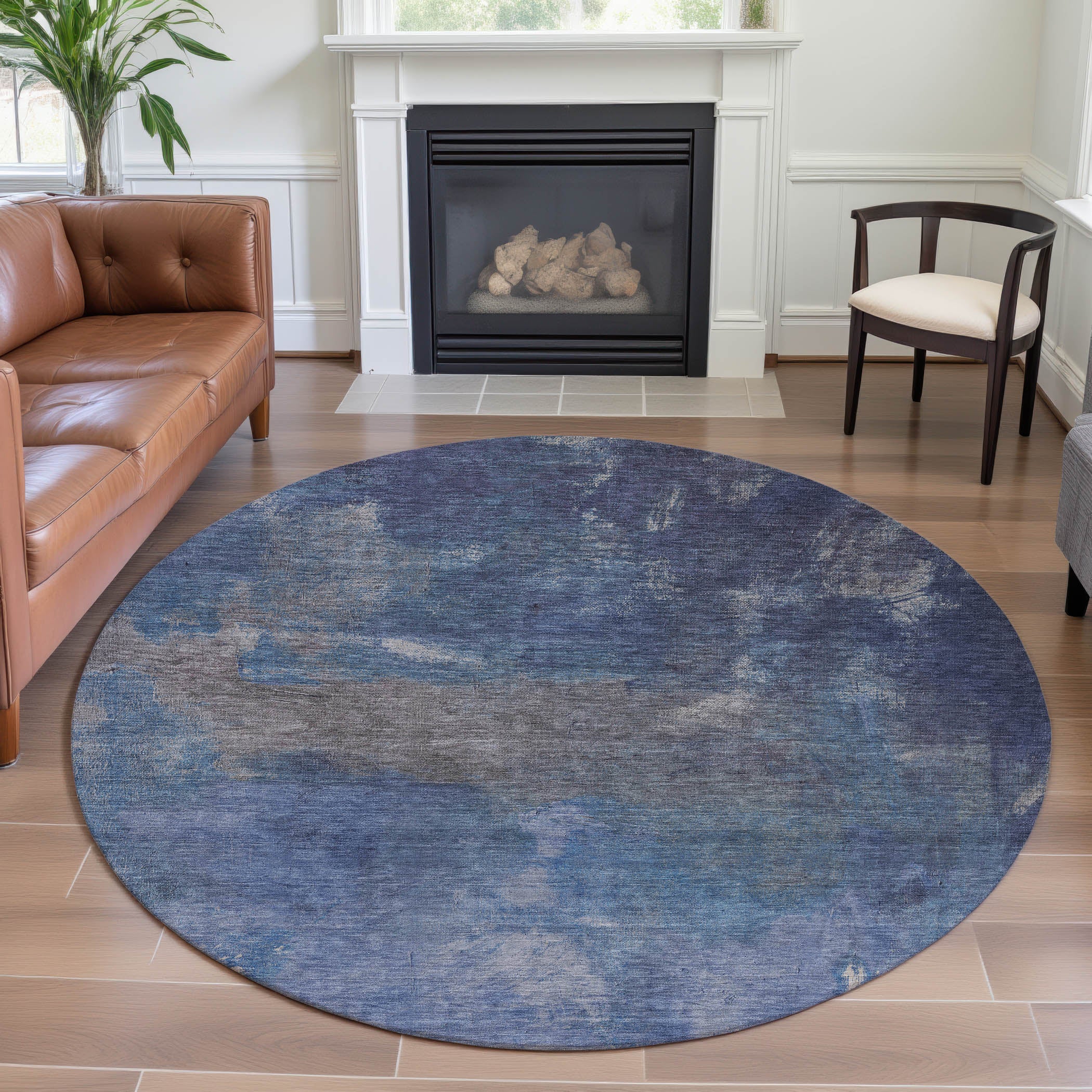 Seoul Machine Washable Transitional Blue Rug 8' x 8' #shape_Round
