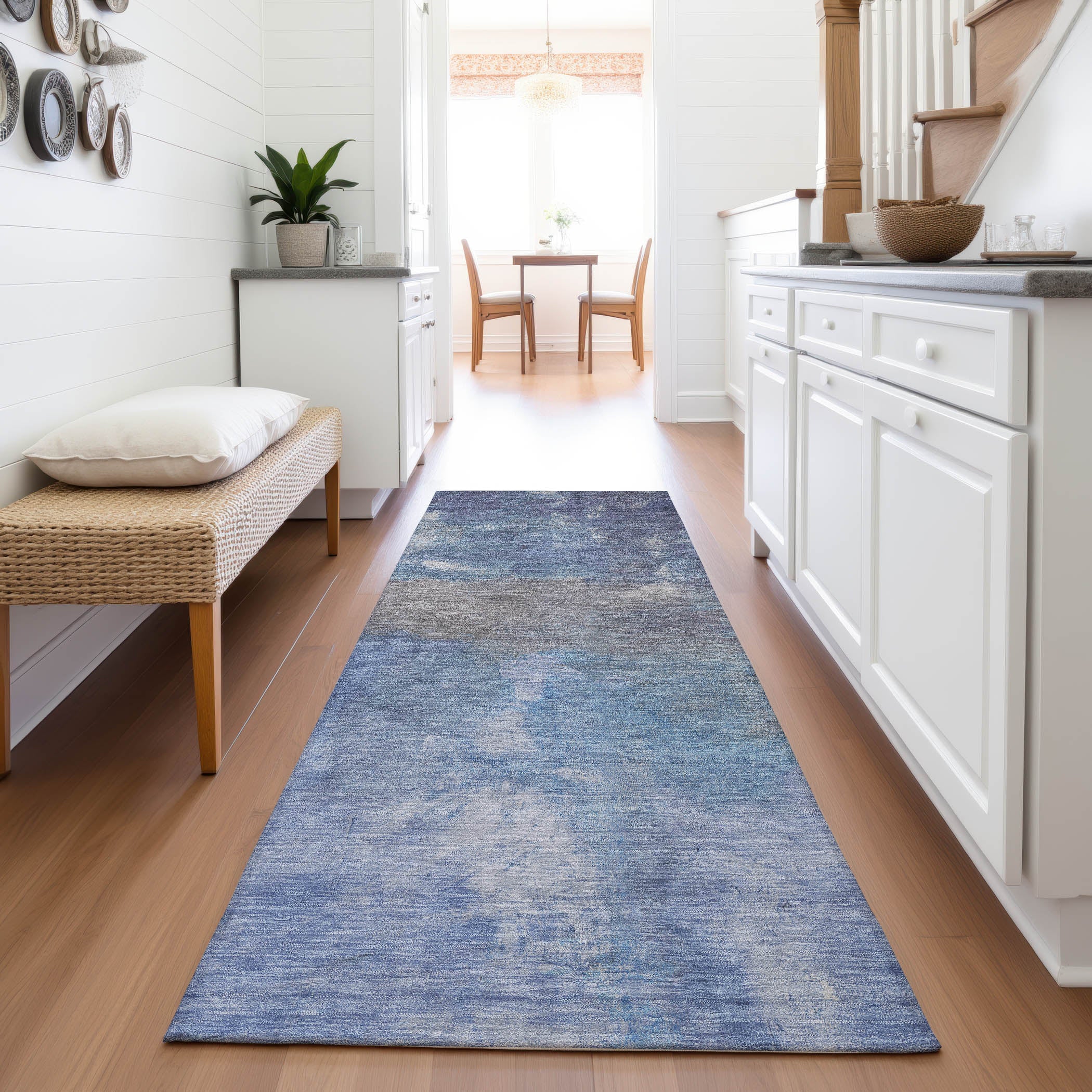Seoul Machine Washable Transitional Blue Rug 2'3" x 7'6" #shape_Runner