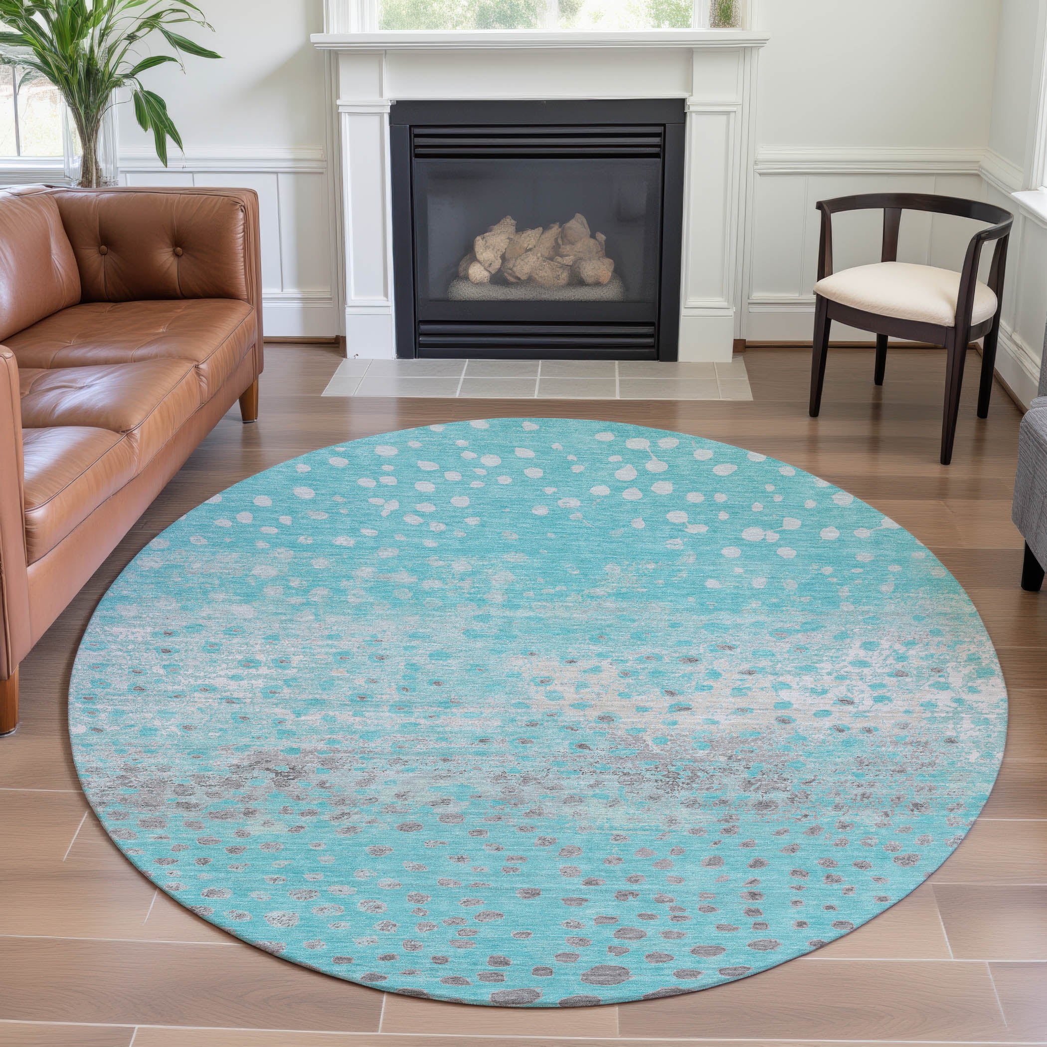 Istanbul Machine Washable Transitional Aqua Teal Rug 8' x 8' #shape_Round