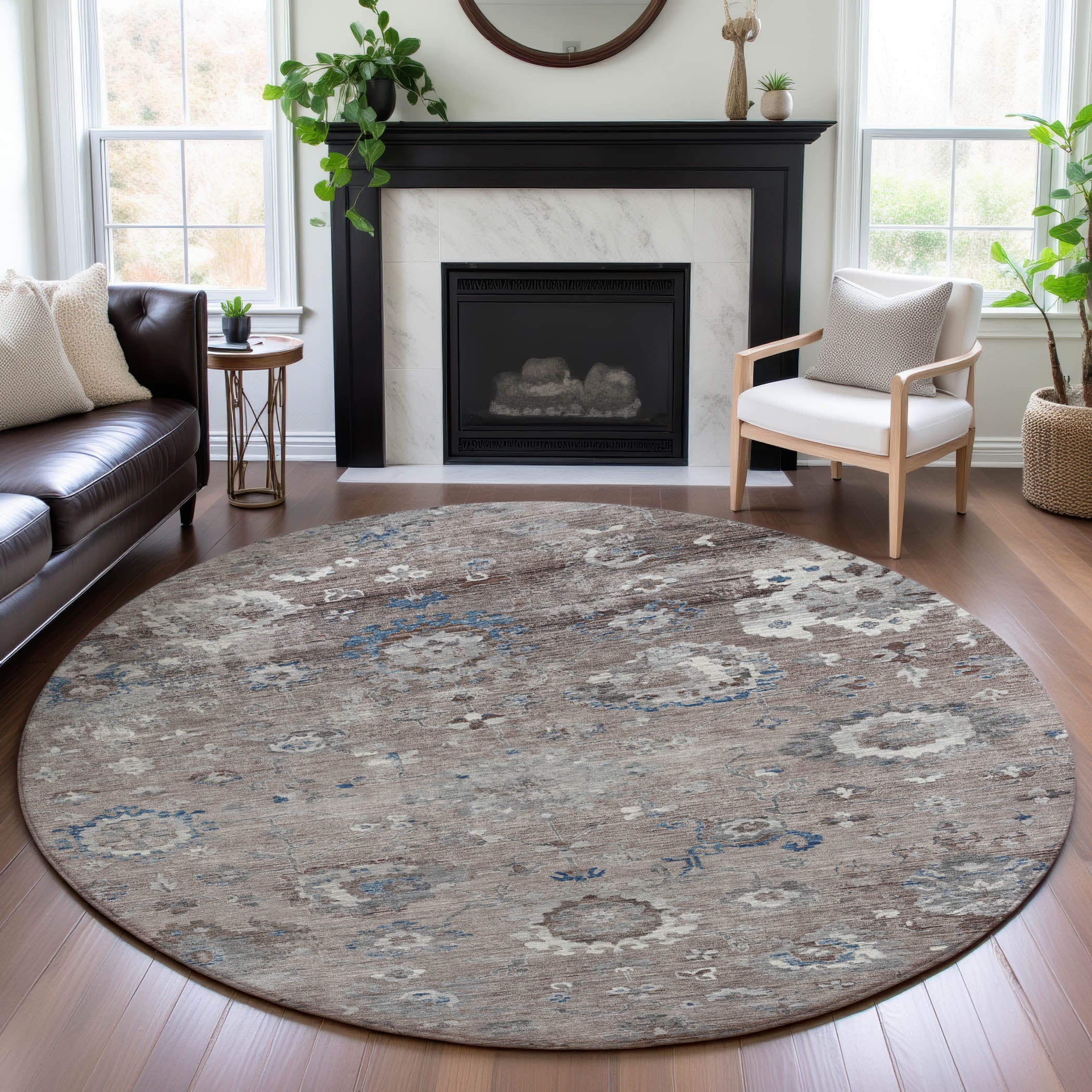 Tbilisi Machine Washable Traditional Taupe Brown Rug 8' x 8' #shape_Round