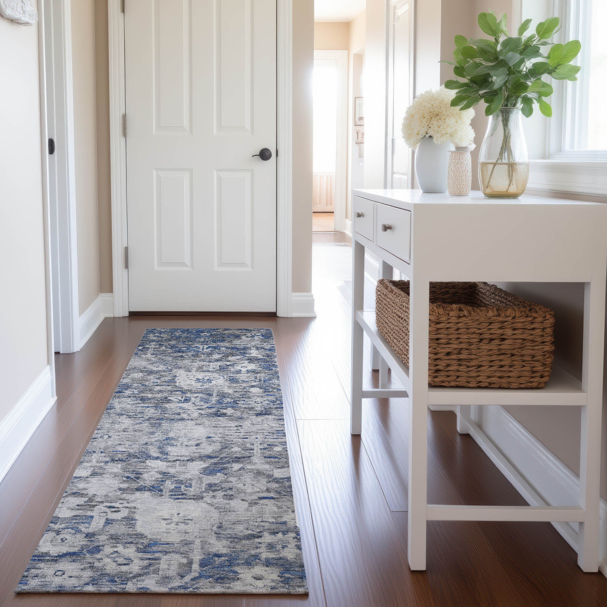 Istanbul Machine Washable Traditional Blue Rug 2'3" x 7'6" #shape_Runner