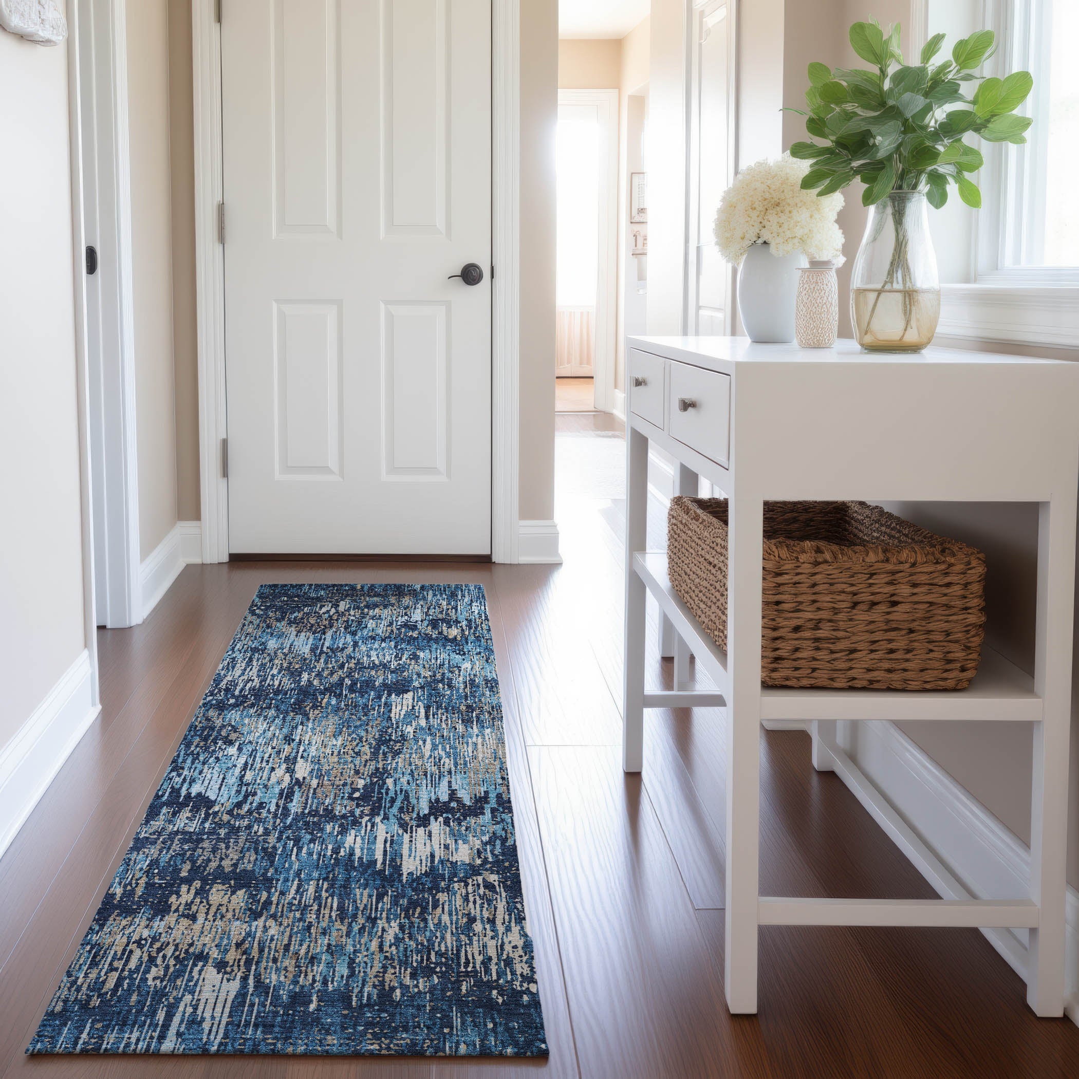 Salzburg Machine Washable Transitional Navy Blue Rug 2'3" x 7'6" #shape_Runner