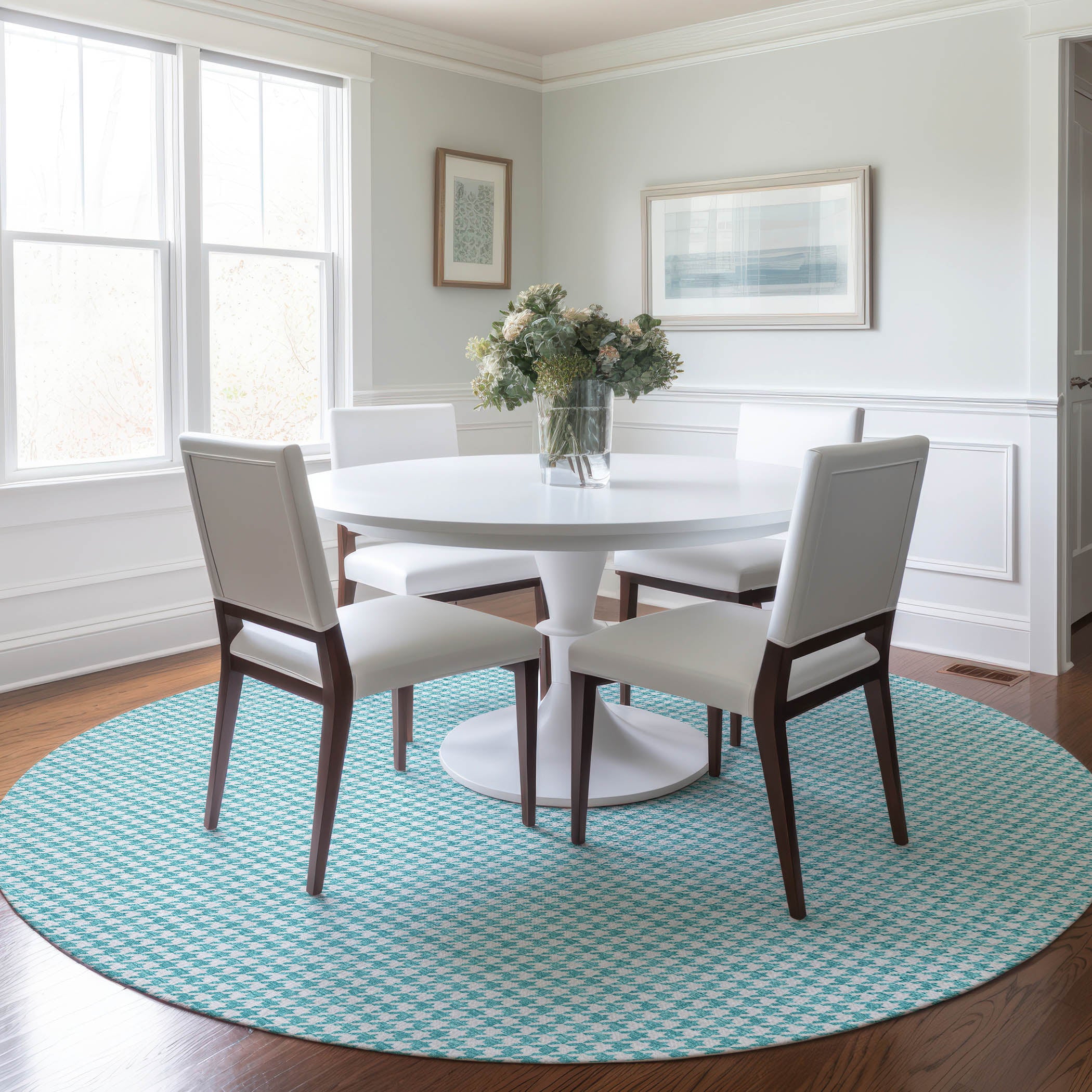 Mdina Machine Washable Transitional Aqua Blue Rug 8' x 8' #shape_Round