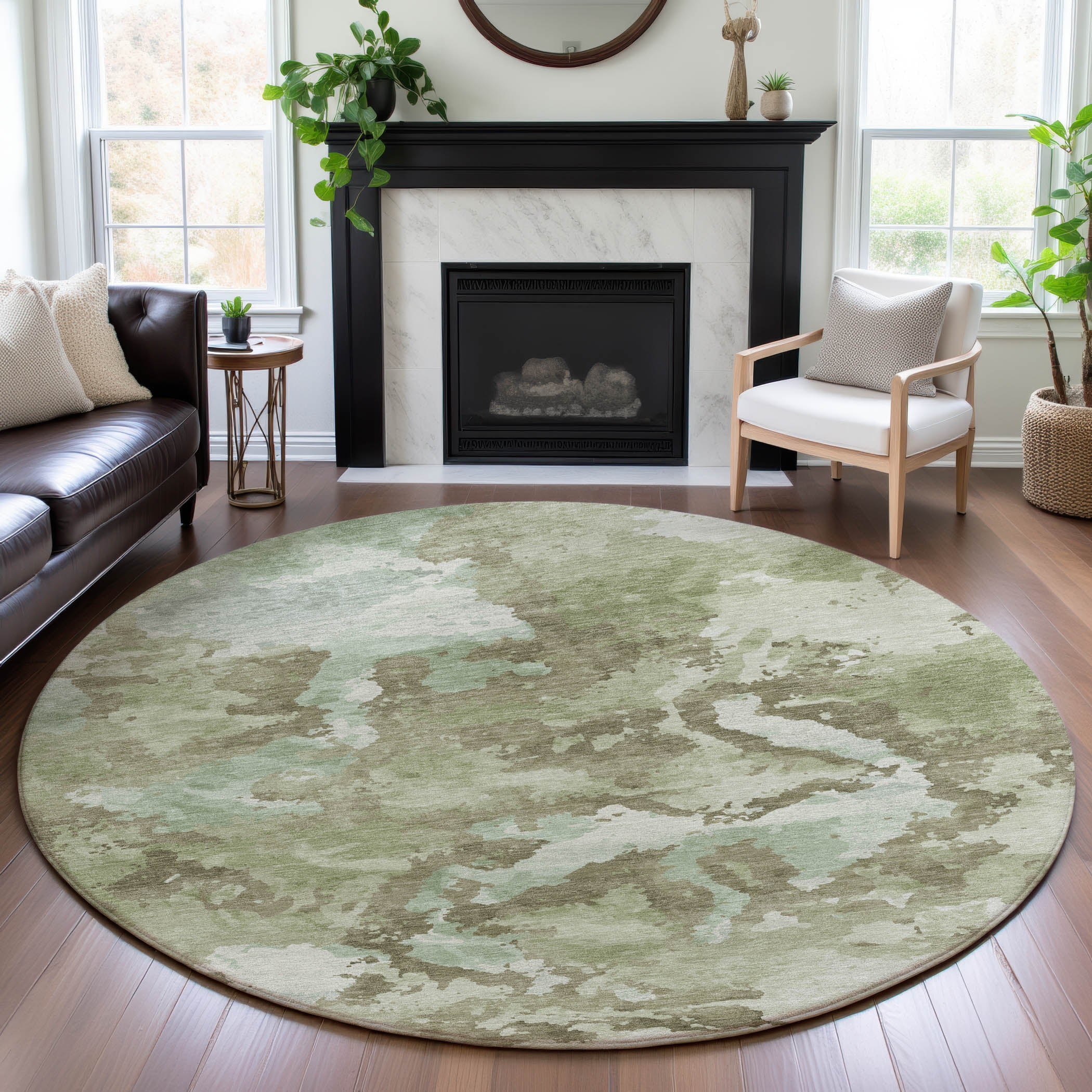 Seoul Machine Washable Transitional Aloe Green Rug 8' x 8' #shape_Round