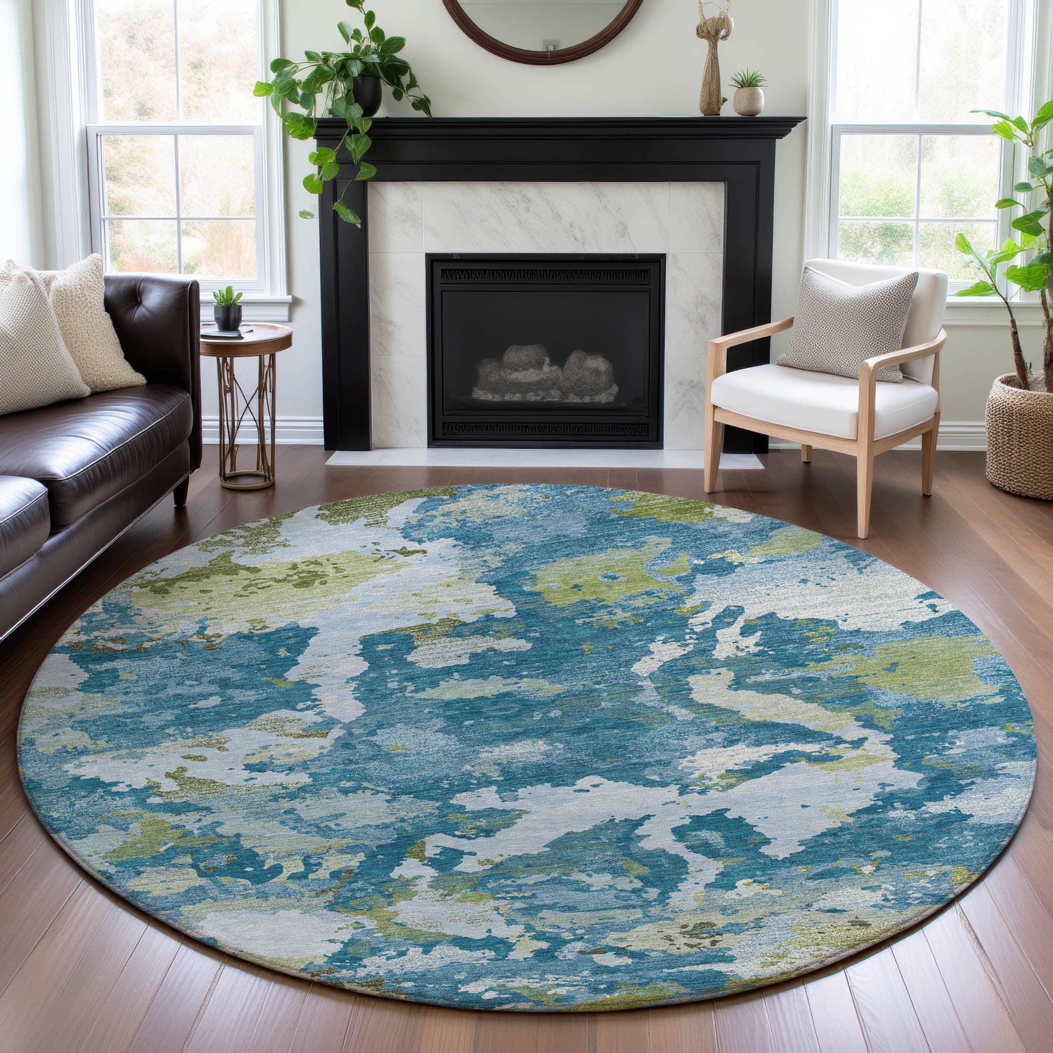 Seoul Machine Washable Transitional Denim Blue Rug 8' x 8' #shape_Round