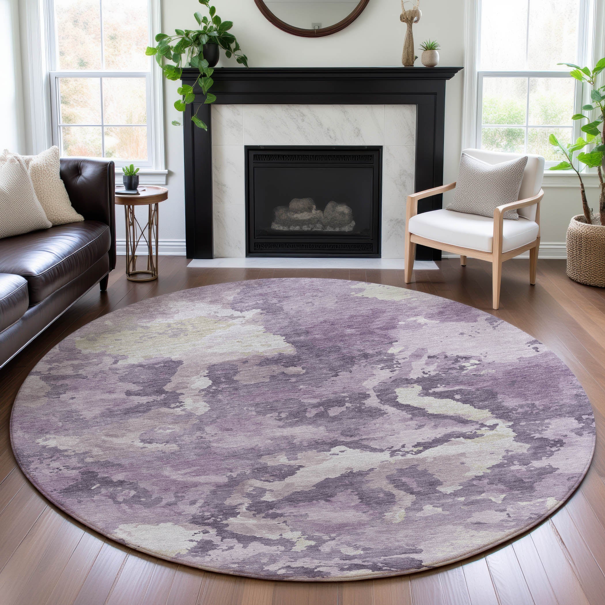 Seoul Machine Washable Transitional Lavender Purple Rug 8' x 8' #shape_Round