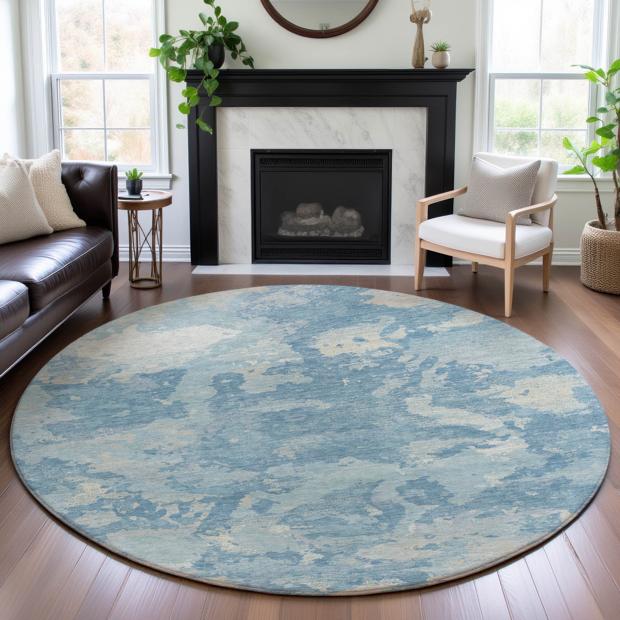 Seoul Machine Washable Transitional Sky Blue Rug 8' x 8' #shape_Round