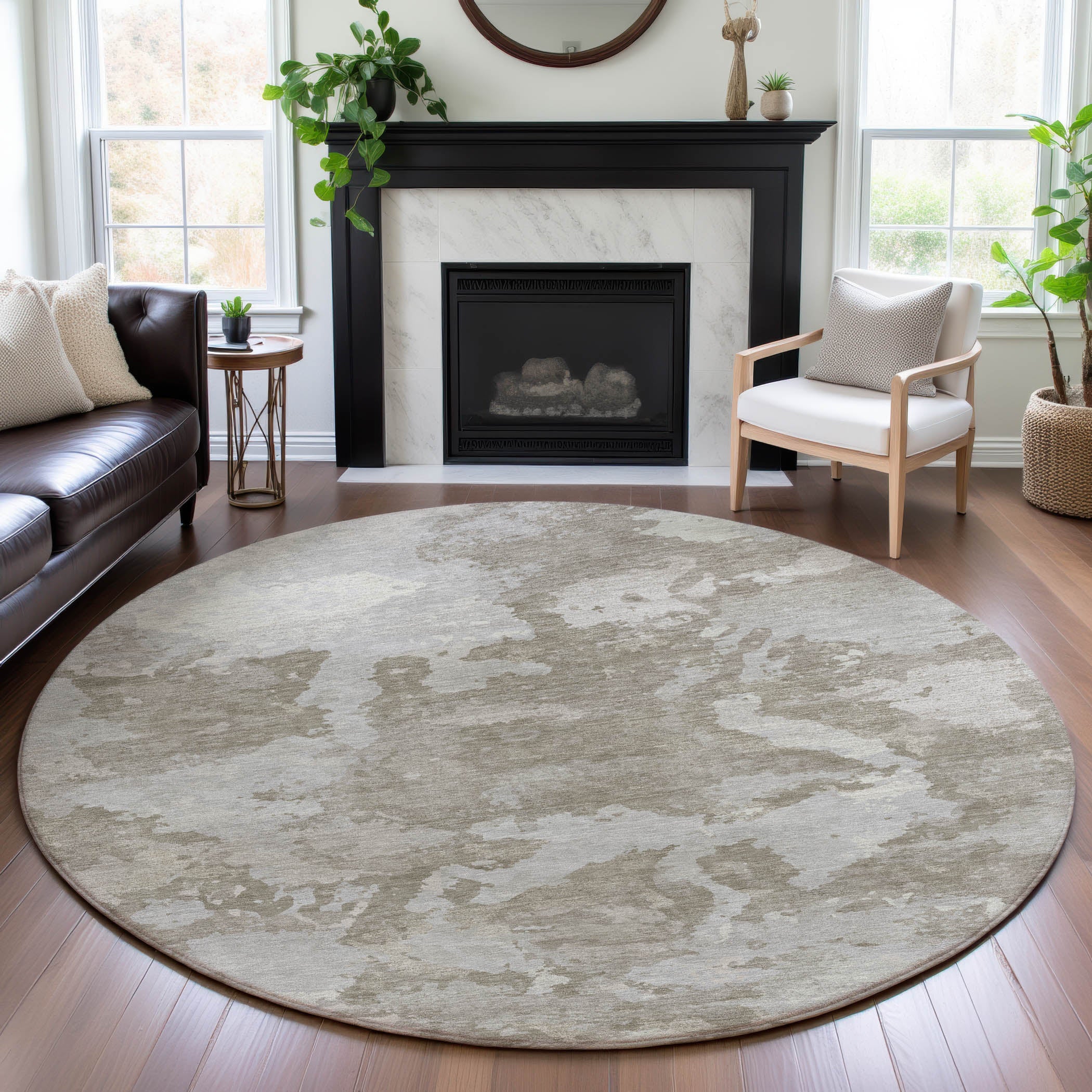 Seoul Machine Washable Transitional Taupe Brown Rug 8' x 8' #shape_Round