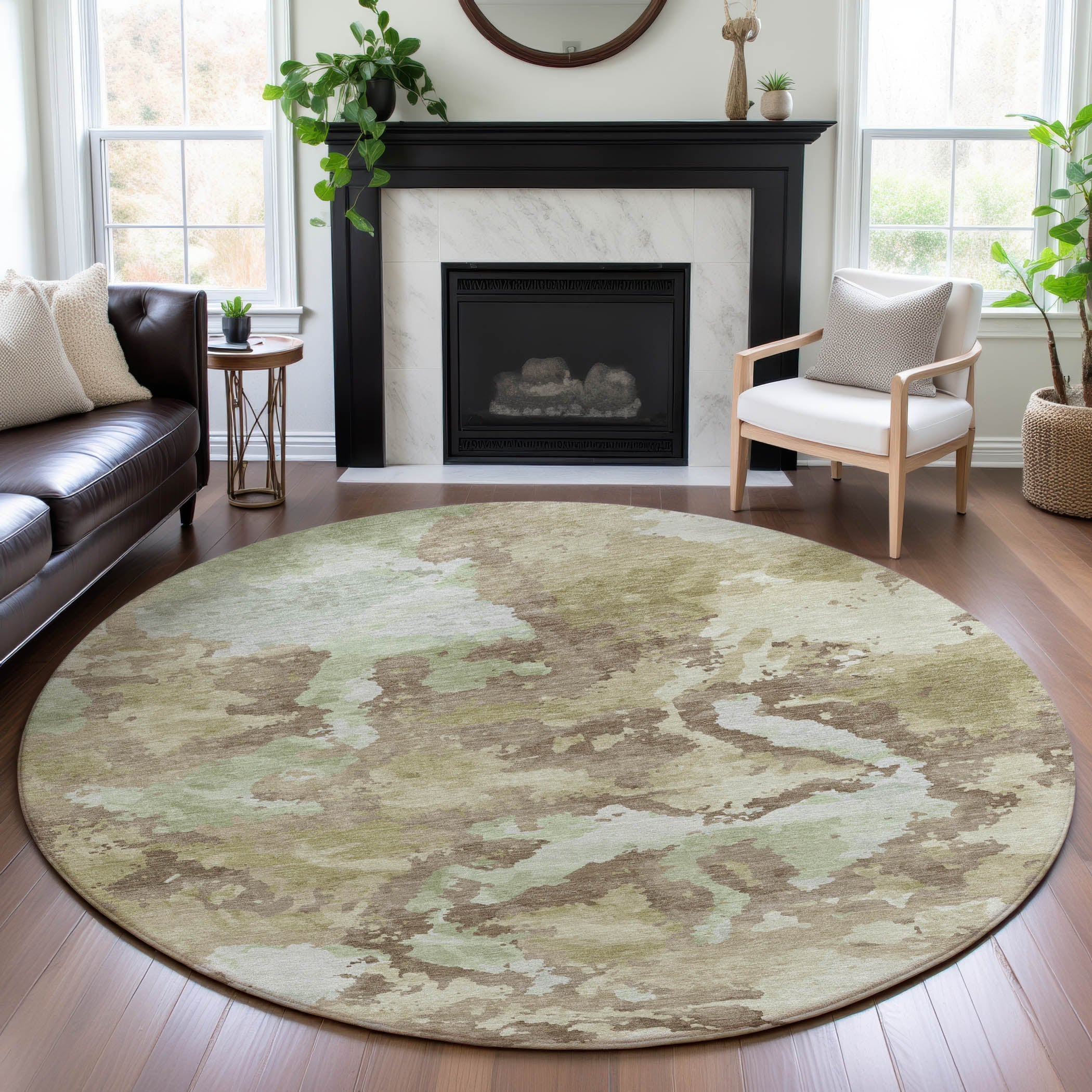 Havana Machine Washable Transitional Taupe Brown Rug 8' x 8' #shape_Round