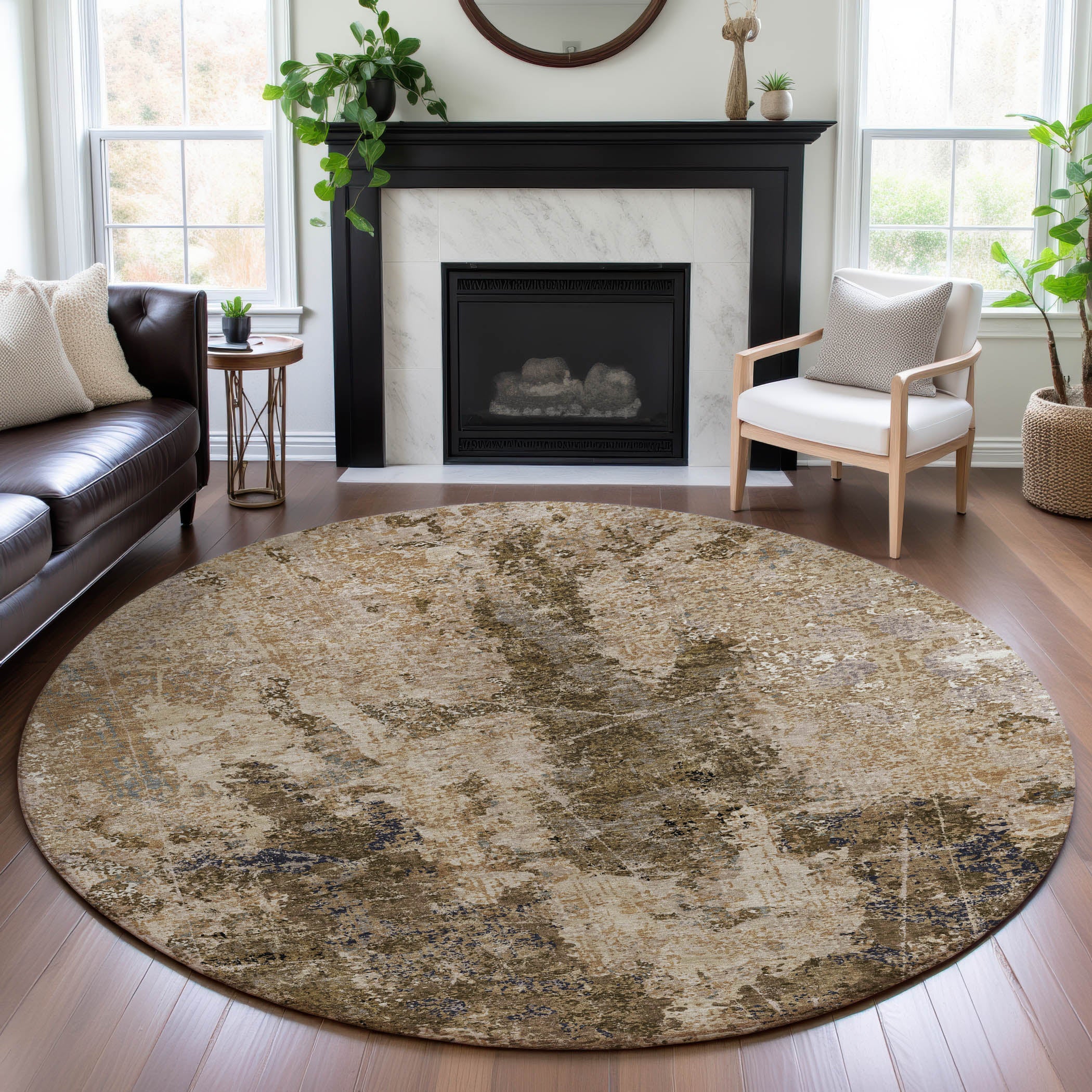 Baku Machine Washable Transitional Khaki Brown Rug 8' x 8' #shape_Round
