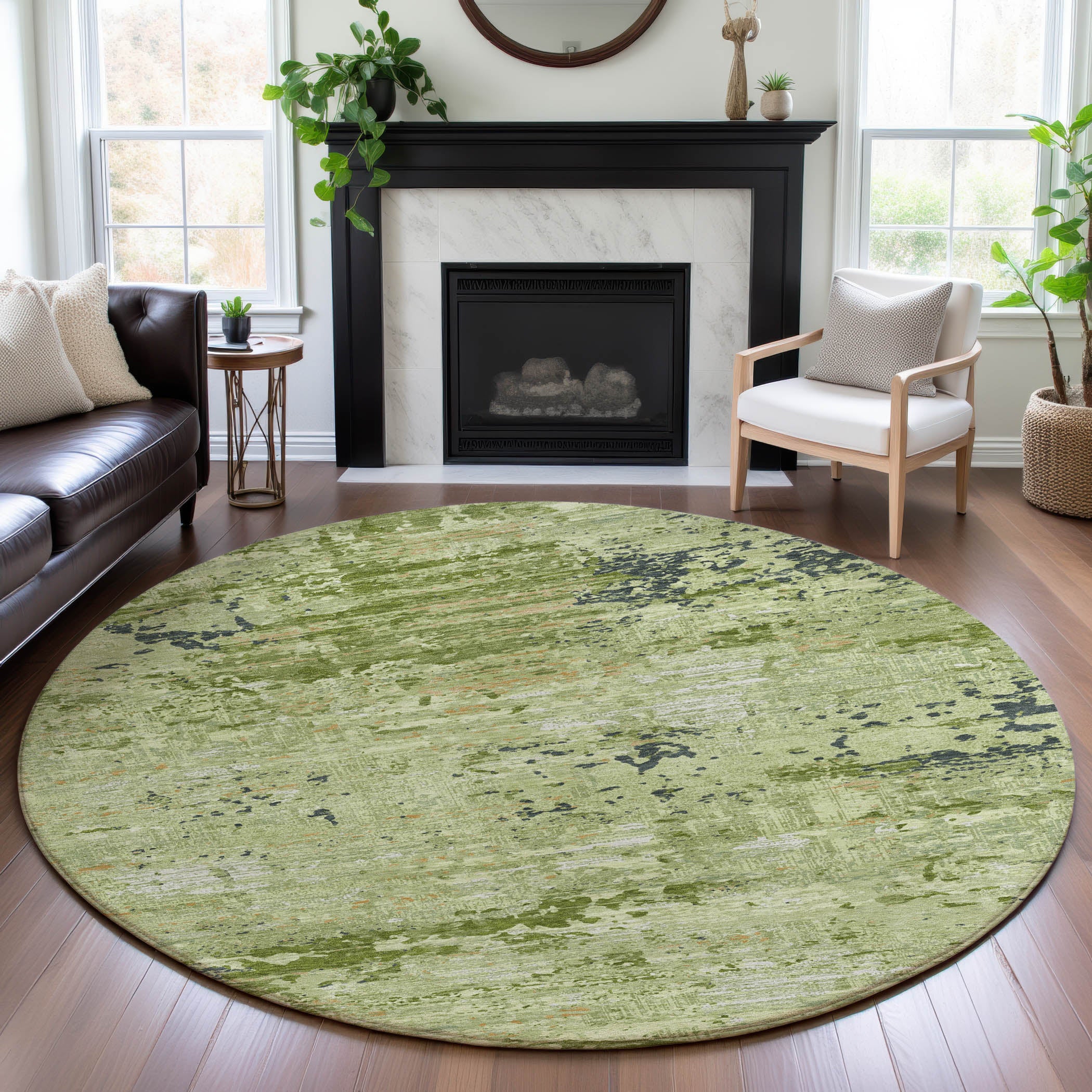 Rome Machine Washable Transitional Aloe Green Rug 8' x 8' #shape_Round