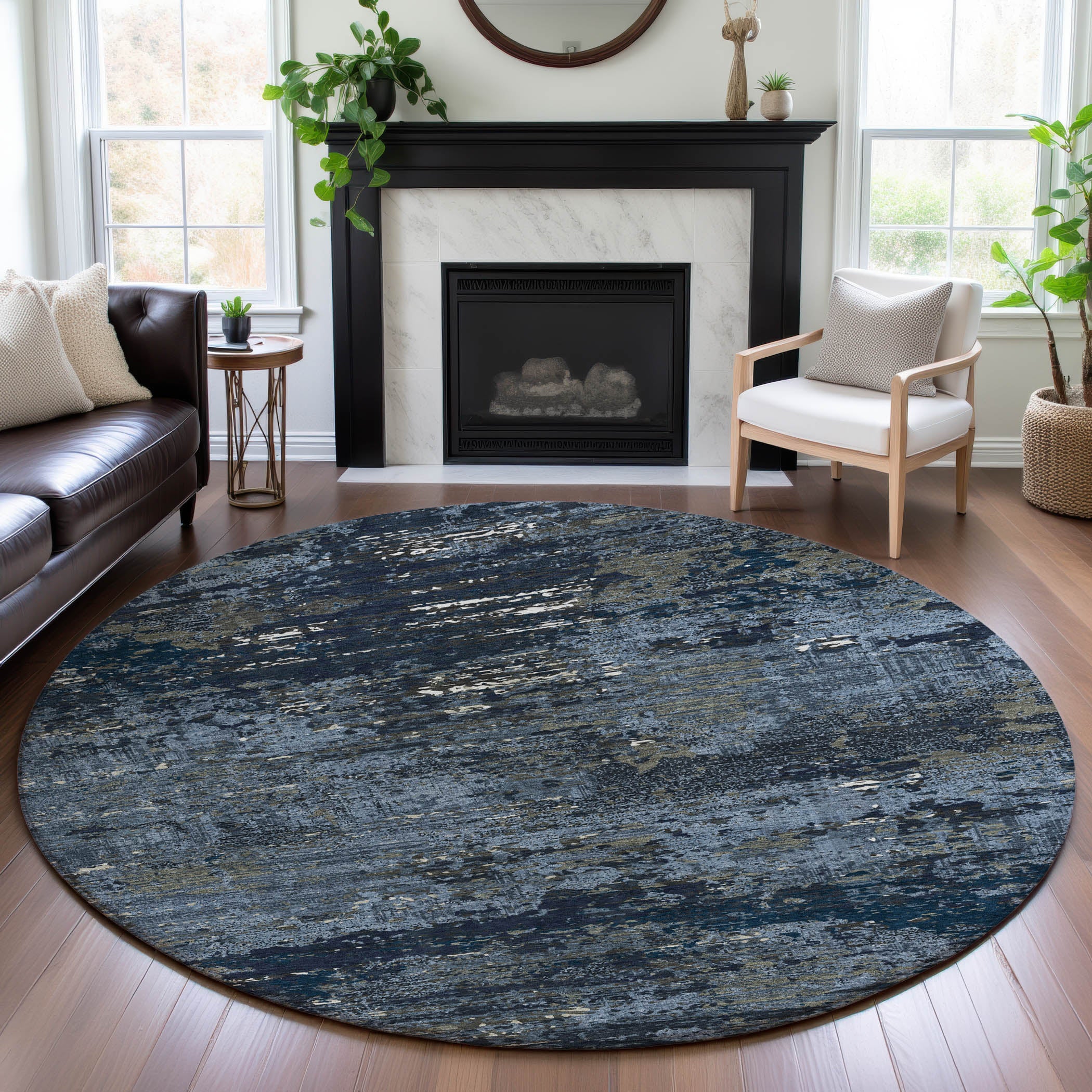 Rome Machine Washable Transitional Blue Rug 8' x 8' #shape_Round