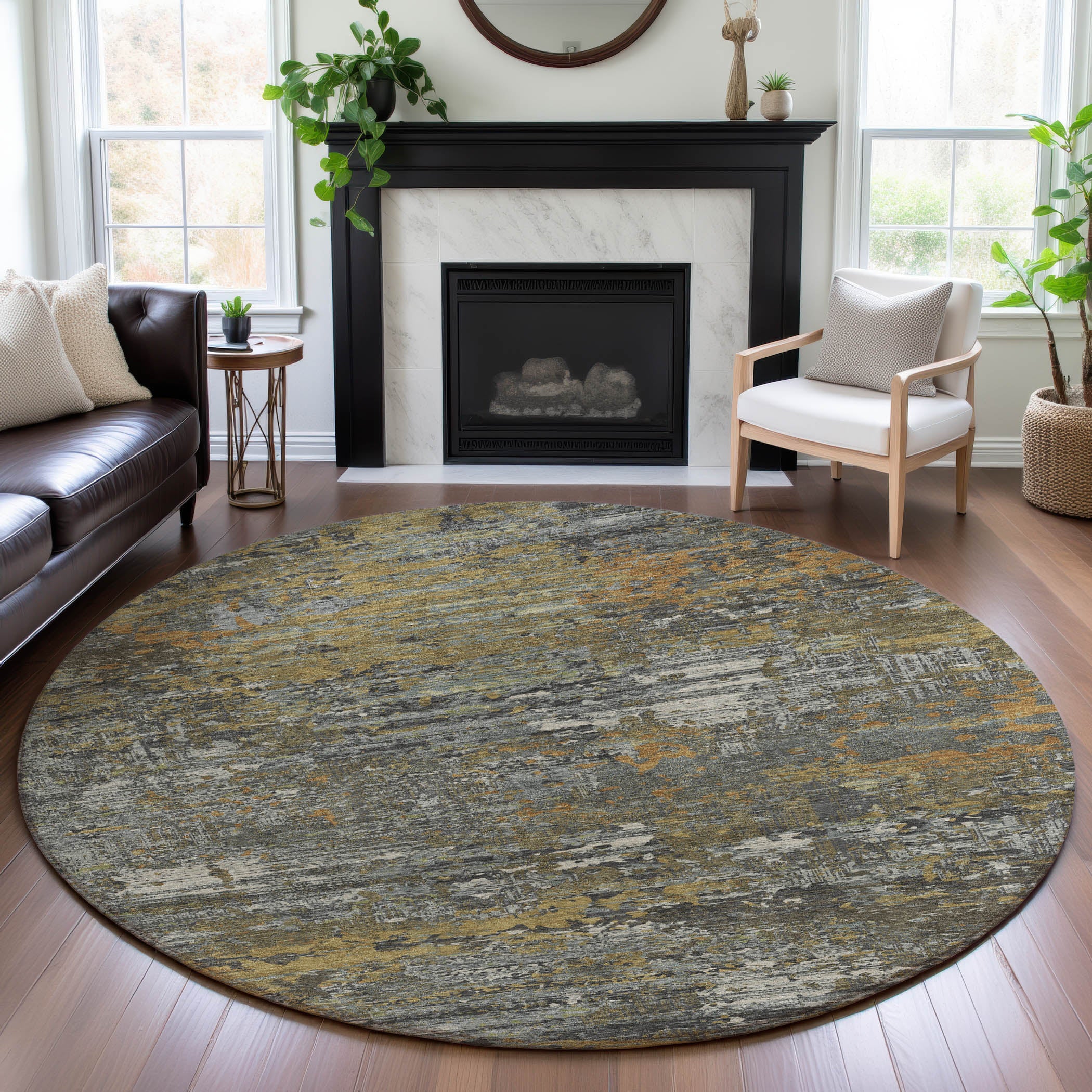 Rome Machine Washable Transitional Gold Rug 8' x 8' #shape_Round