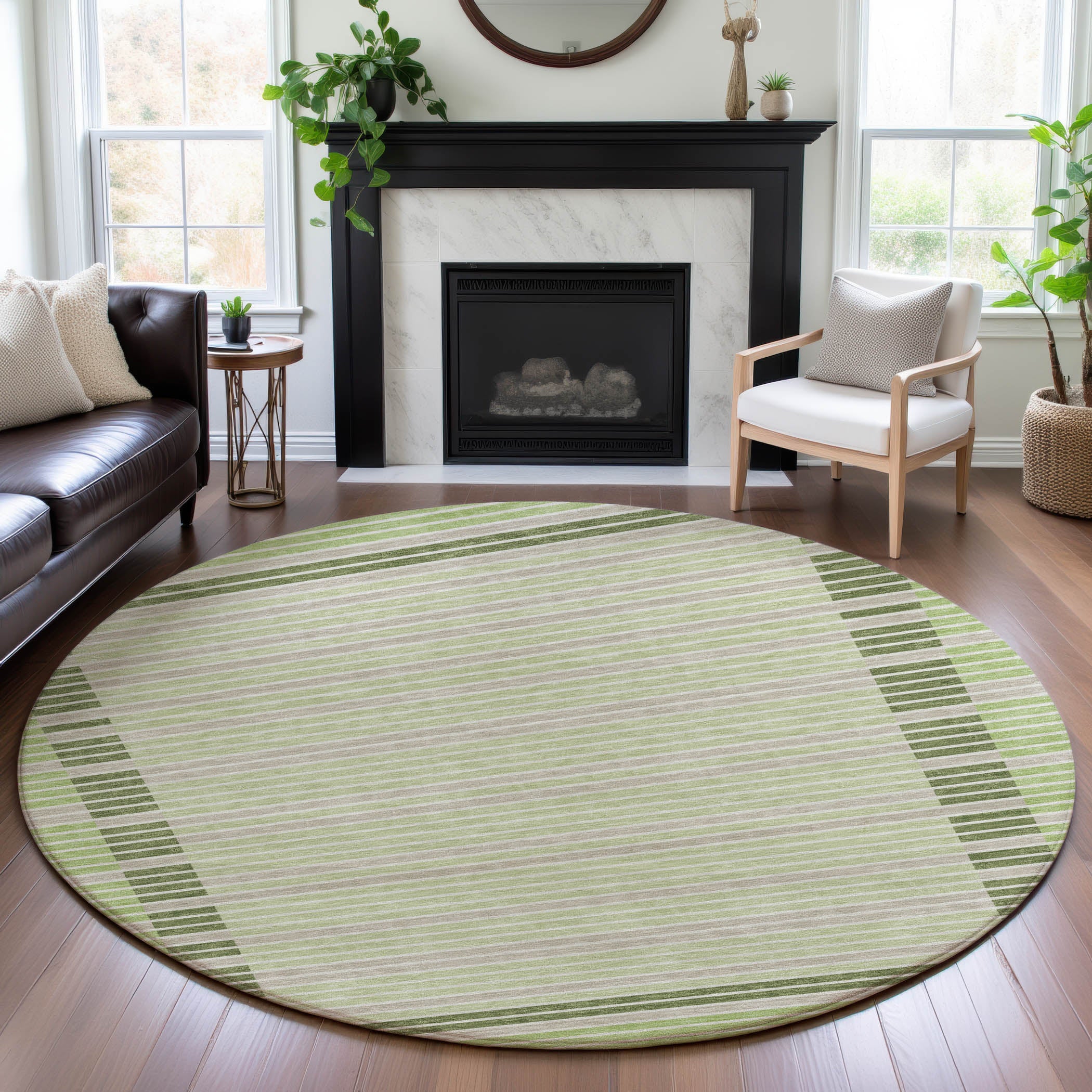 Kyoto Machine Washable Transitional Aloe Green Rug 8' x 8' #shape_Round