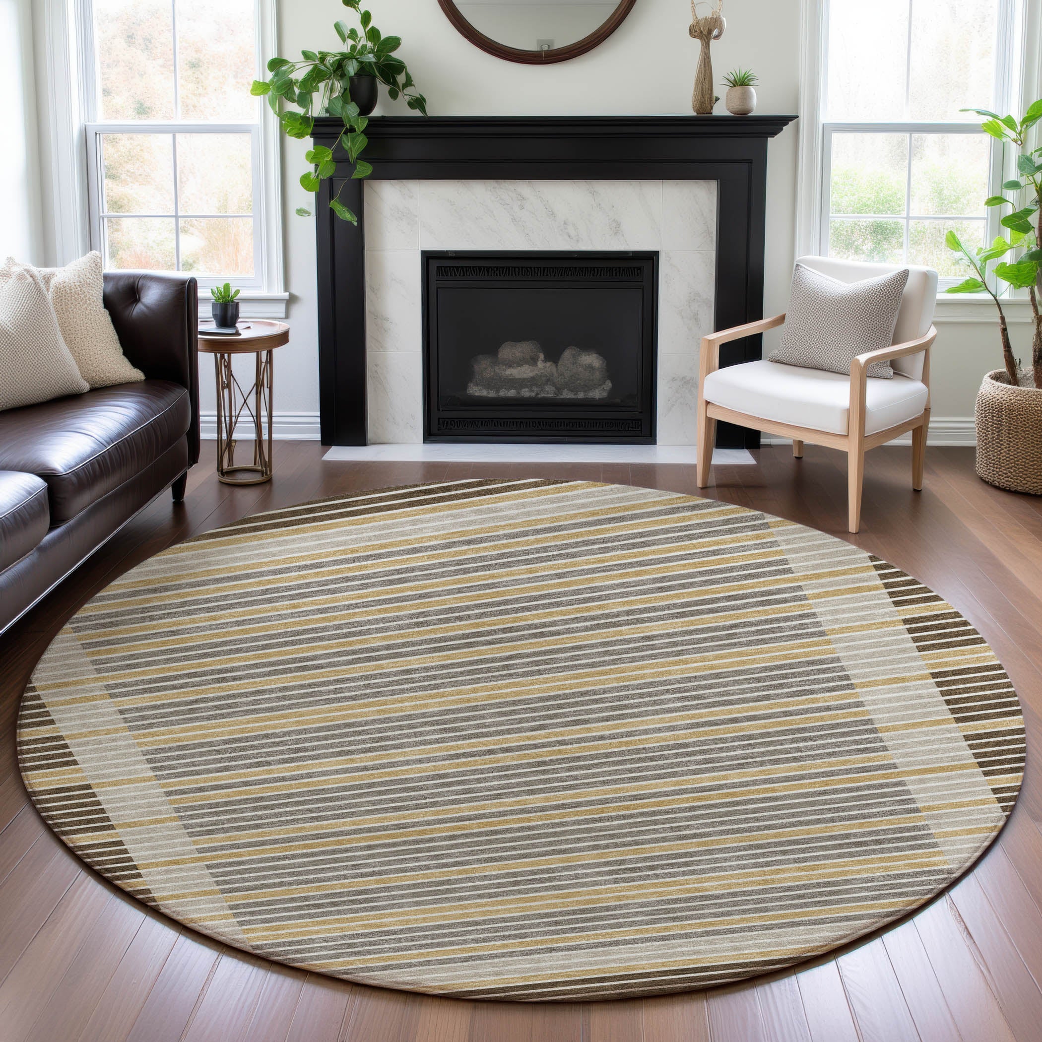 Kyoto Machine Washable Transitional Brown Rug 8' x 8' #shape_Round
