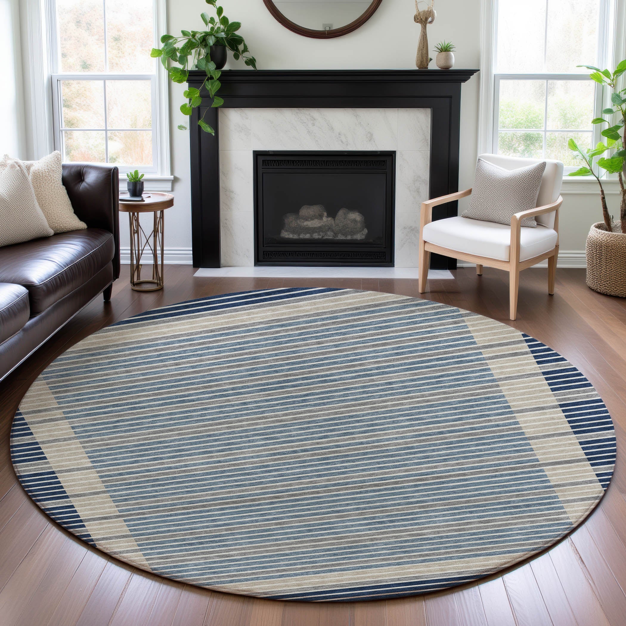 Kyoto Machine Washable Transitional Navy Blue Rug 8' x 8' #shape_Round