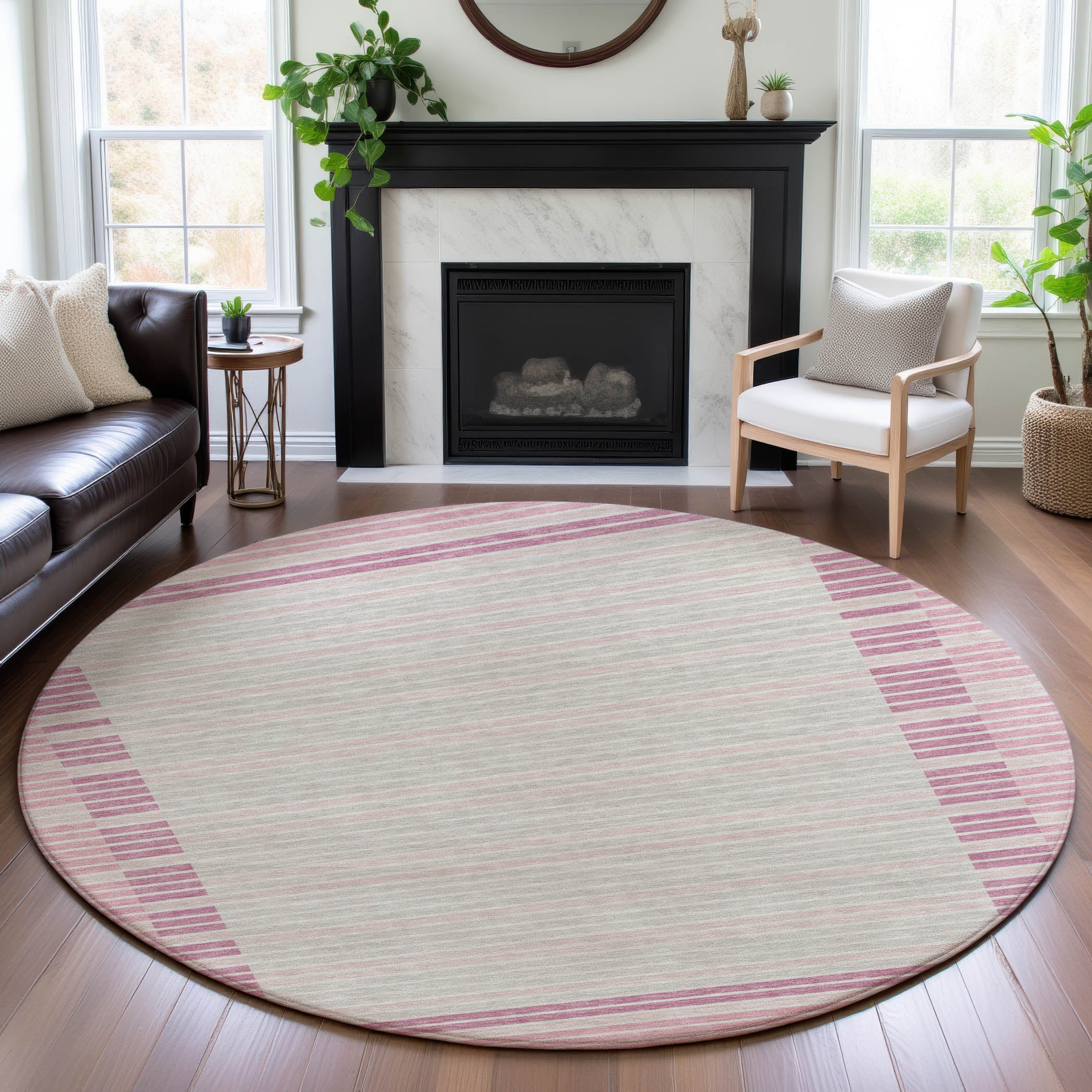 Kyoto Machine Washable Transitional Pink Rug 8' x 8' #shape_Round
