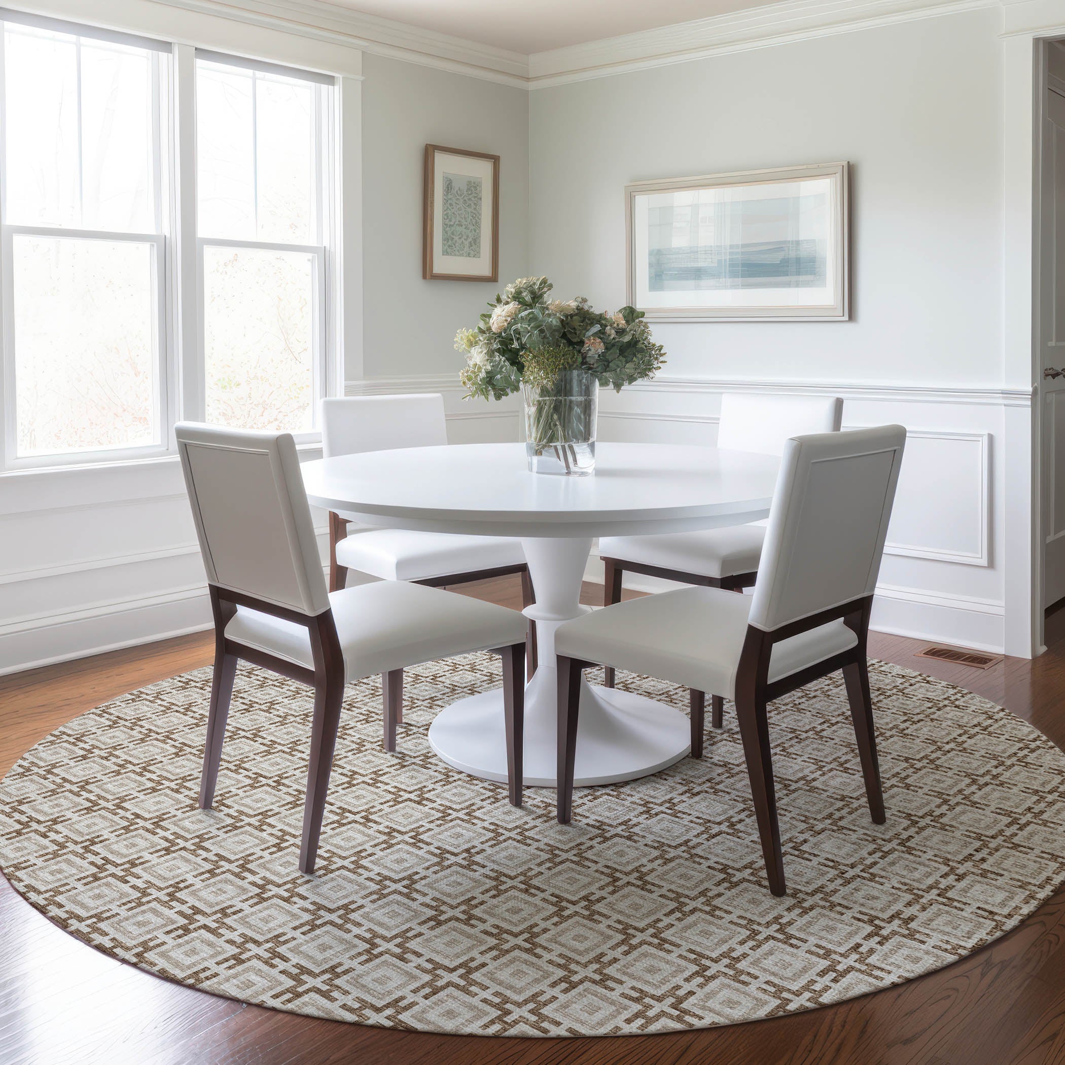 Zanzibar Machine Washable Transitional Taupe Brown Rug 8' x 8' #shape_Round