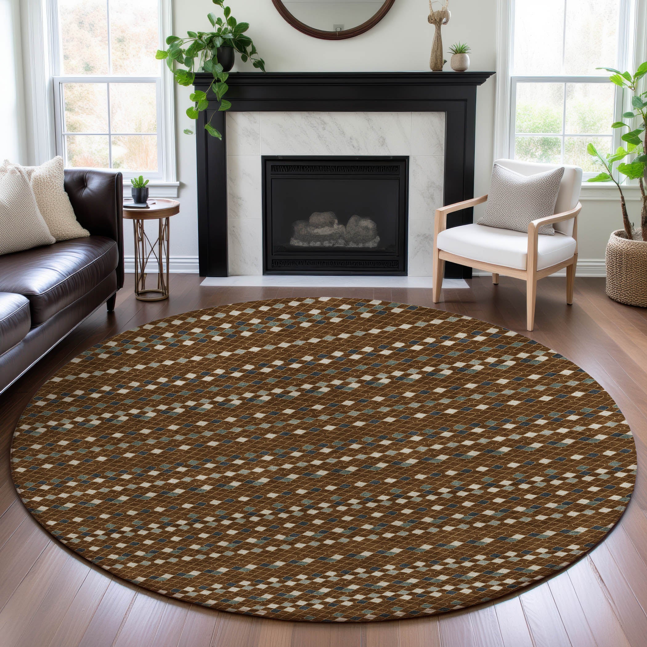 Kathmandu Machine Washable Transitional Brown Rug 8' x 8' #shape_Round