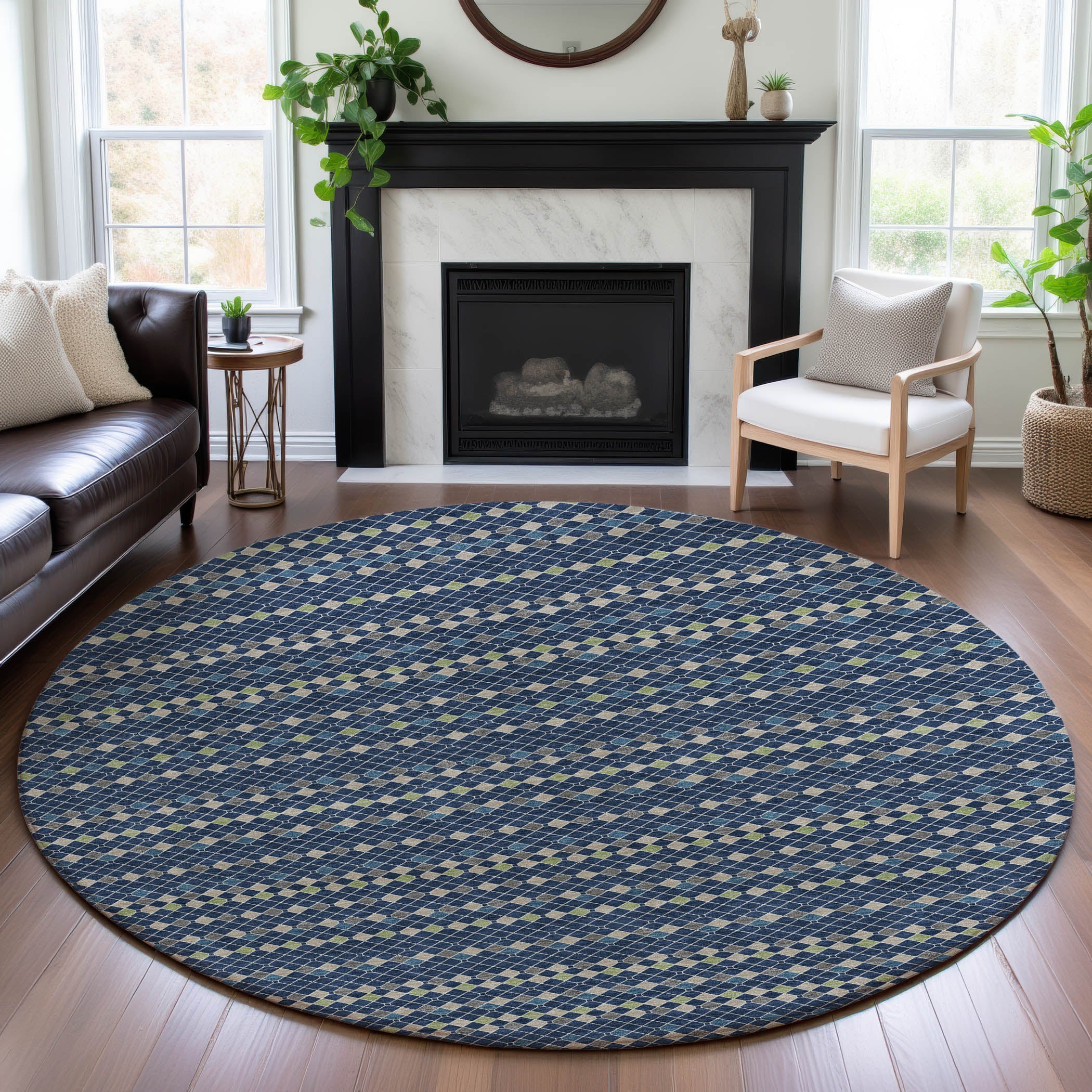 Kathmandu Machine Washable Transitional Navy Blue Rug 8' x 8' #shape_Round