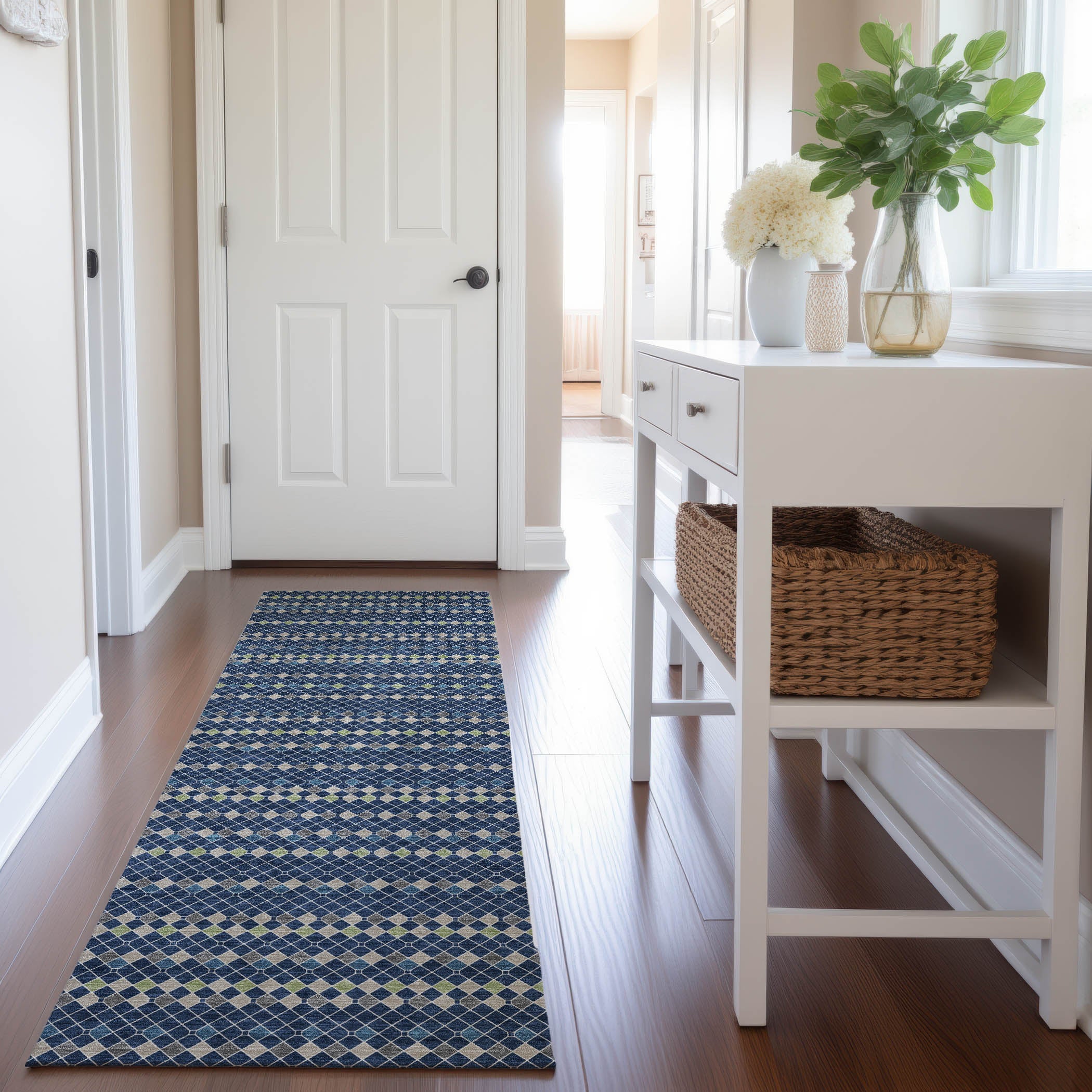Kathmandu Machine Washable Transitional Navy Blue Rug 2'3" x 7'6" #shape_Runner